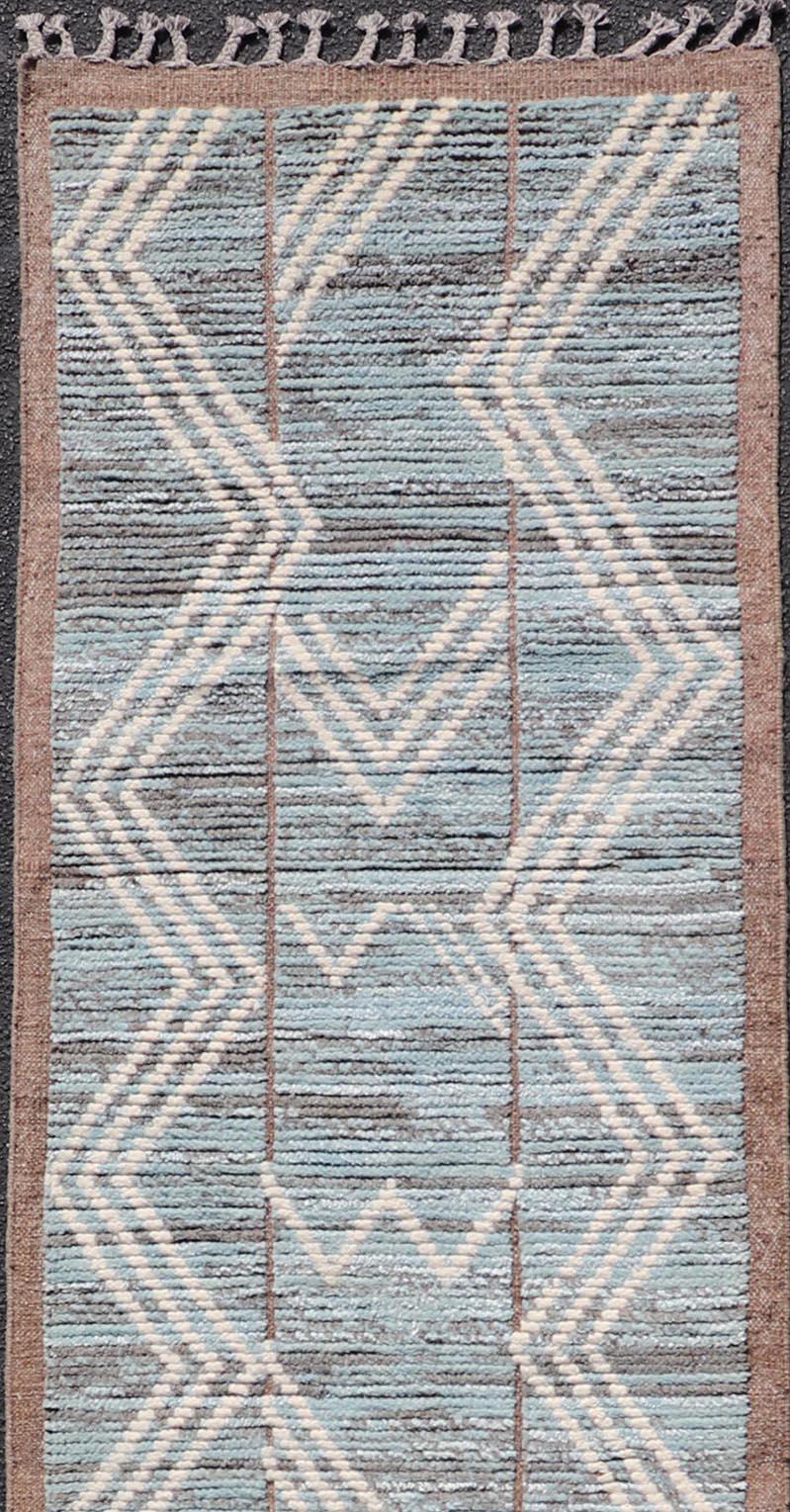 Modern Hand-Knotted Runner in Wool with Diamond Design With Teal, Ivory Tones 2