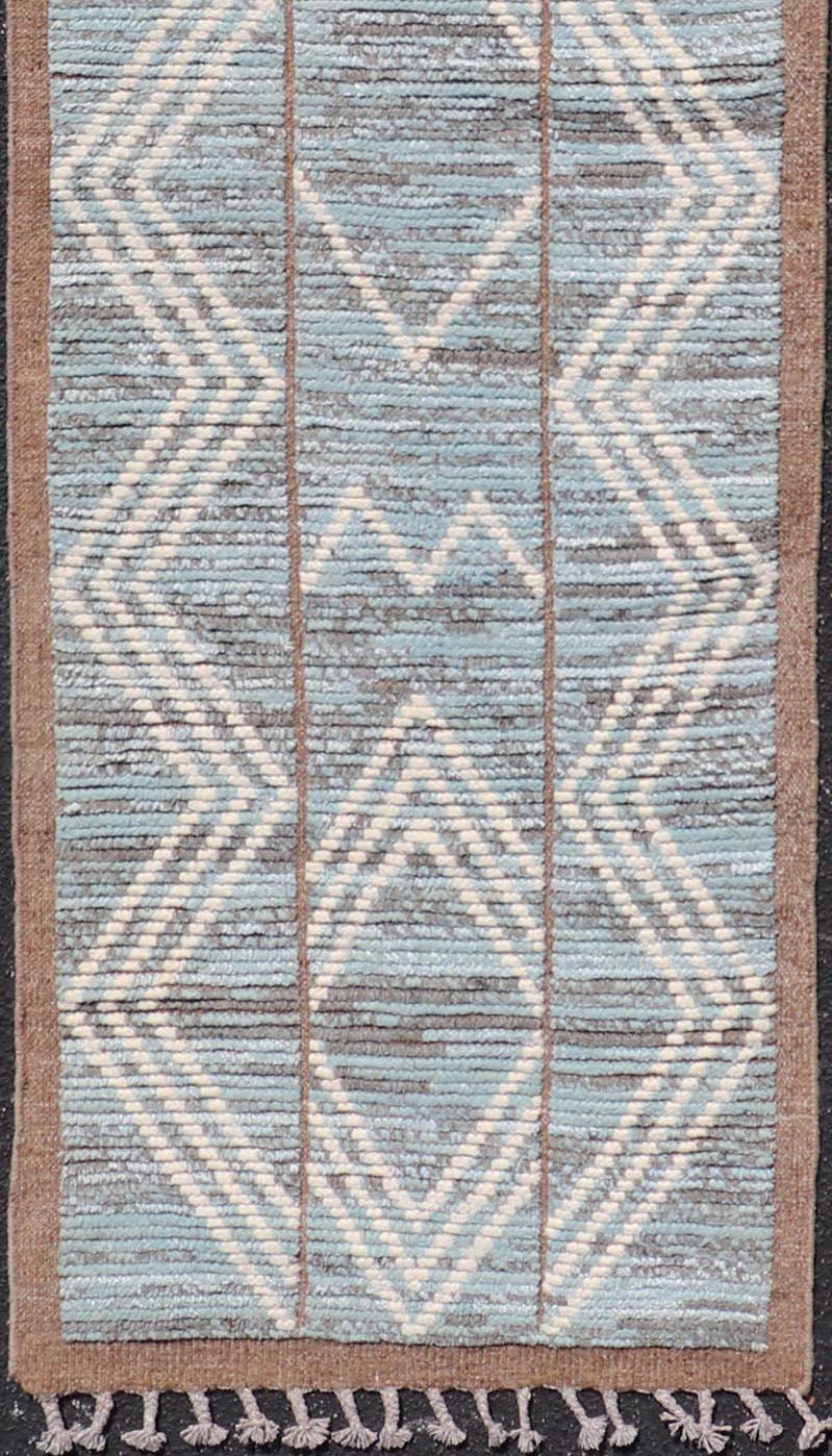 Modern Hand-Knotted Runner in Wool with Diamond Design With Teal, Ivory Tones 4