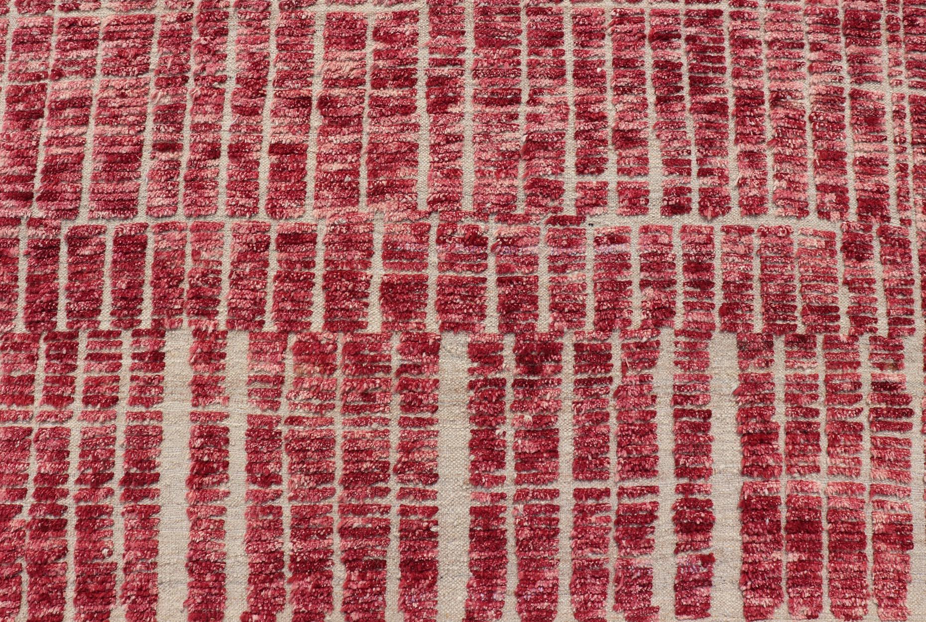 Hand-Knotted Modern Tribal Moroccan Rug with Geometric Design in Raspberry-Red For Sale