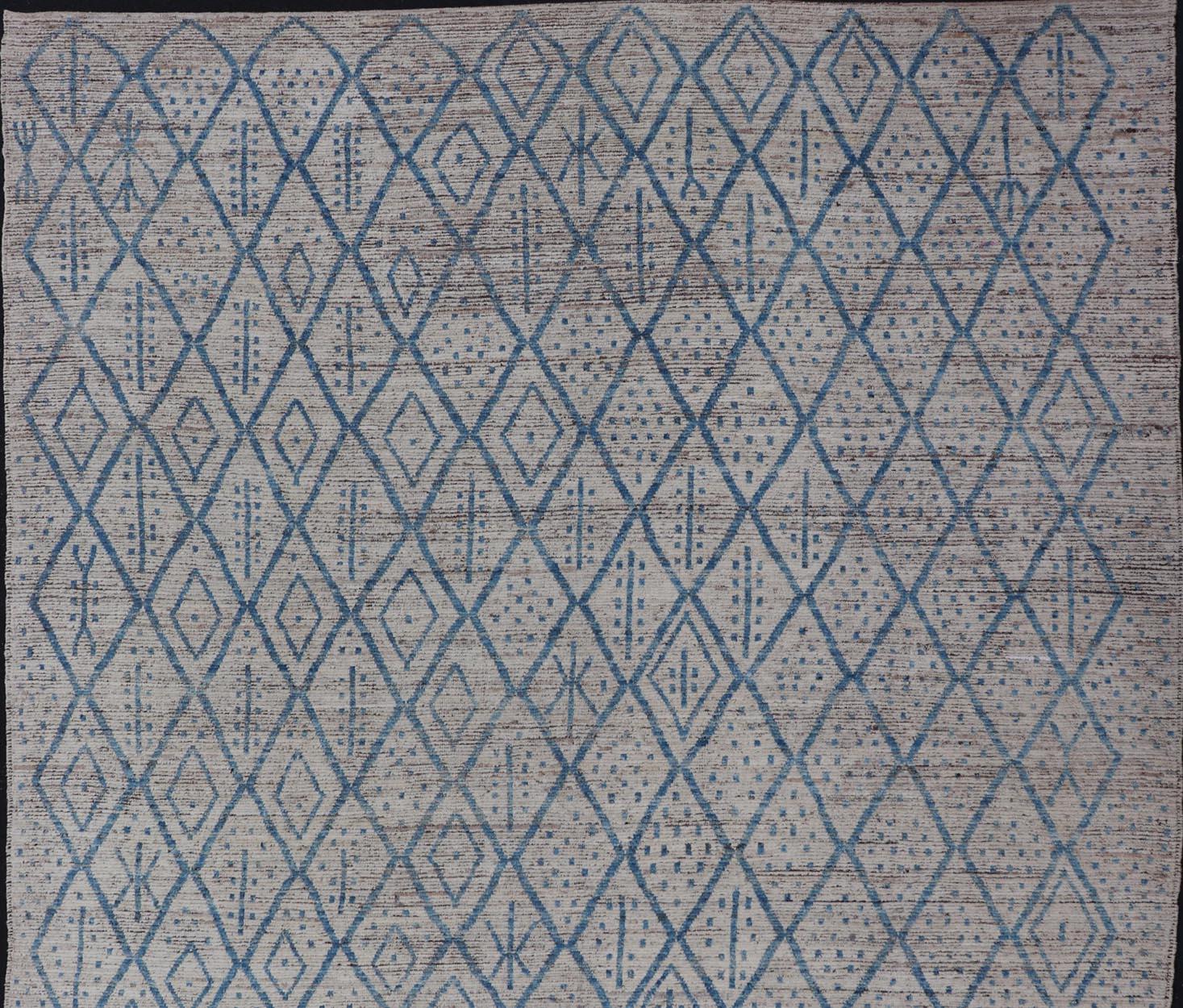 Modern Hand-Knotted Tribal Rug in Wool with Sub-Geometric Design in Blue & Ivory For Sale 1