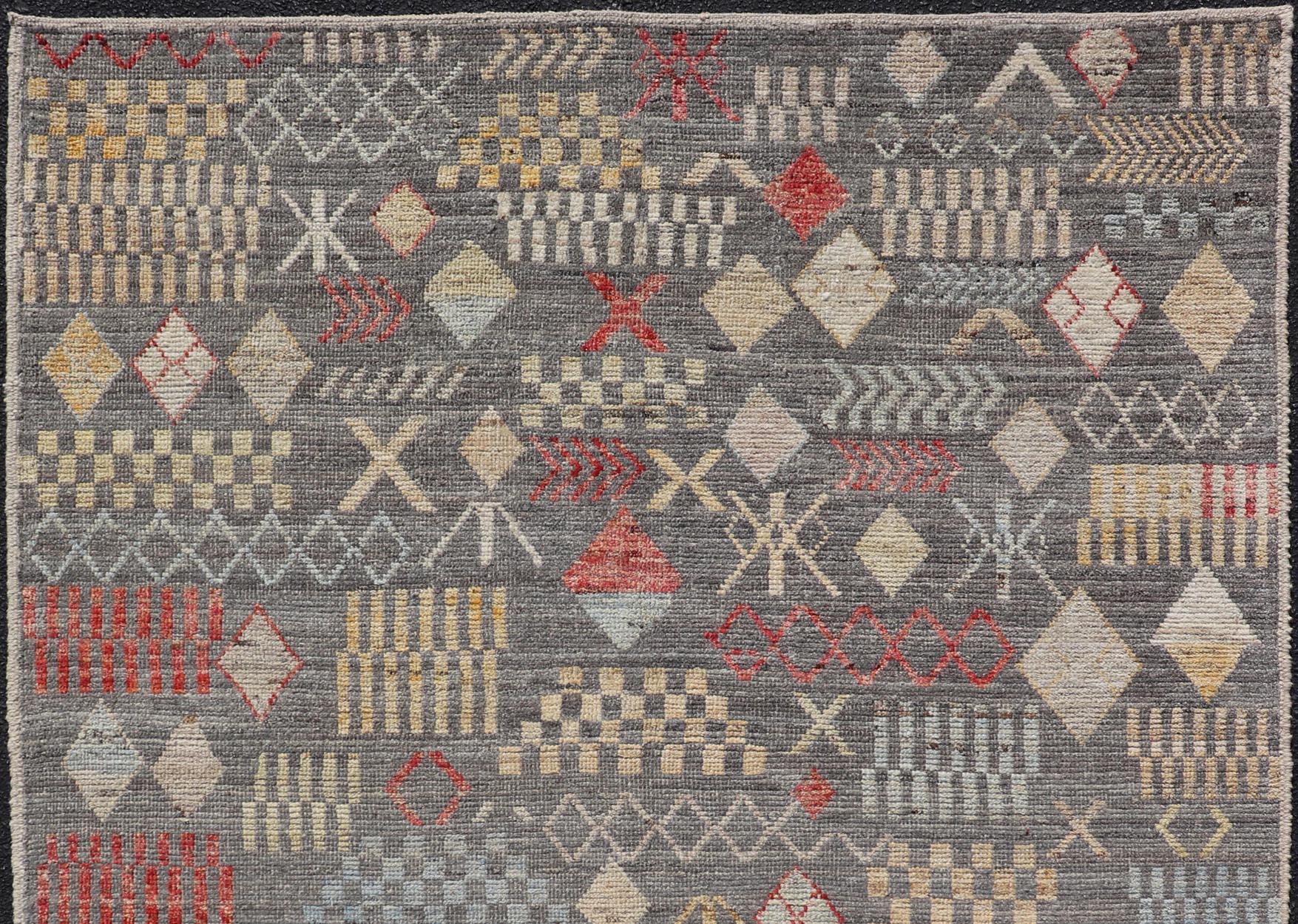 Contemporary Modern Hand-Knotted Tribal Rug in Wool with Sub-Geometric Design in Multicolor For Sale