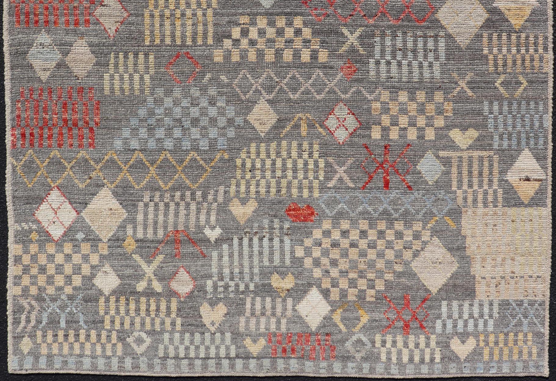 Moderner handgeknüpfter Stammesteppich aus Wolle mit subgeometrischem Design in Multicolor im Angebot 2