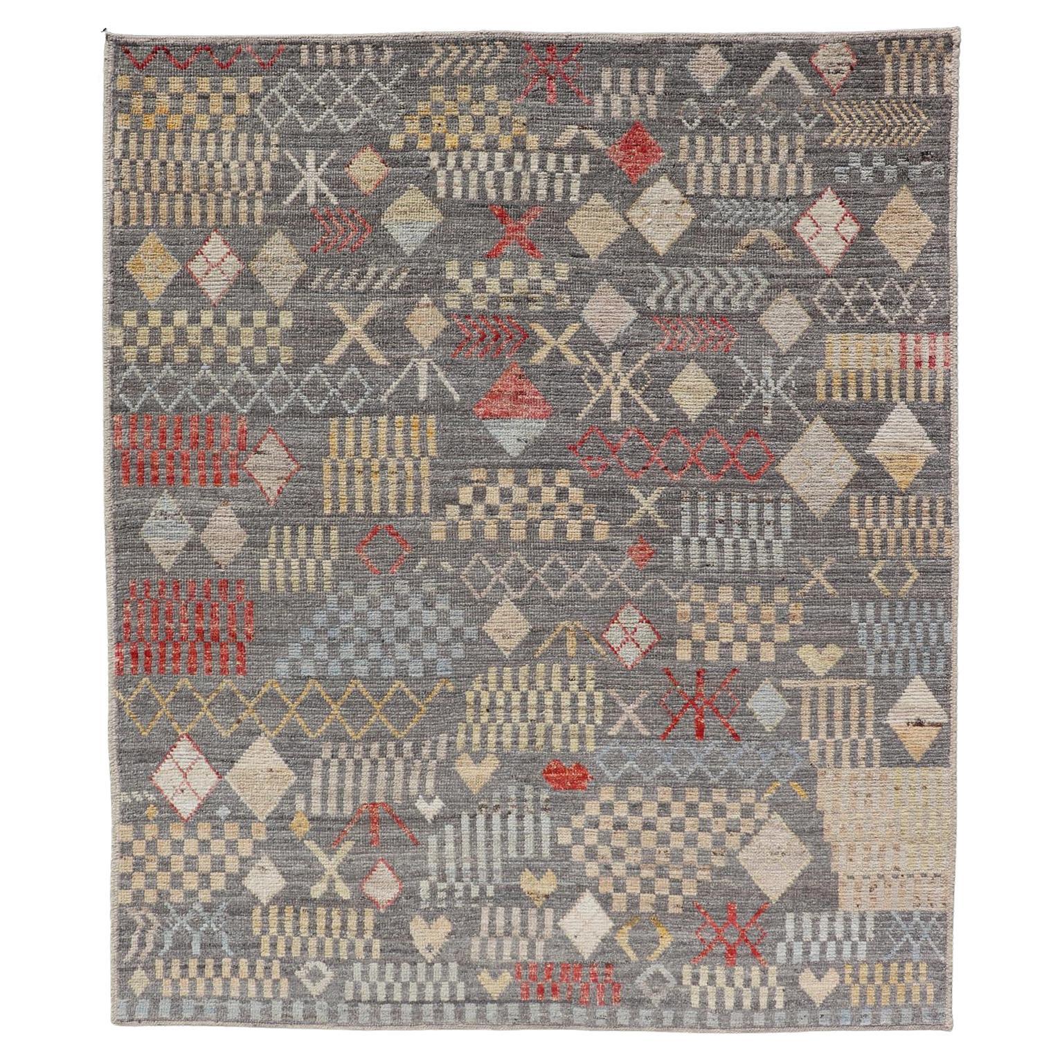 Modern Hand-Knotted Tribal Rug in Wool with Sub-Geometric Design in Multicolor For Sale