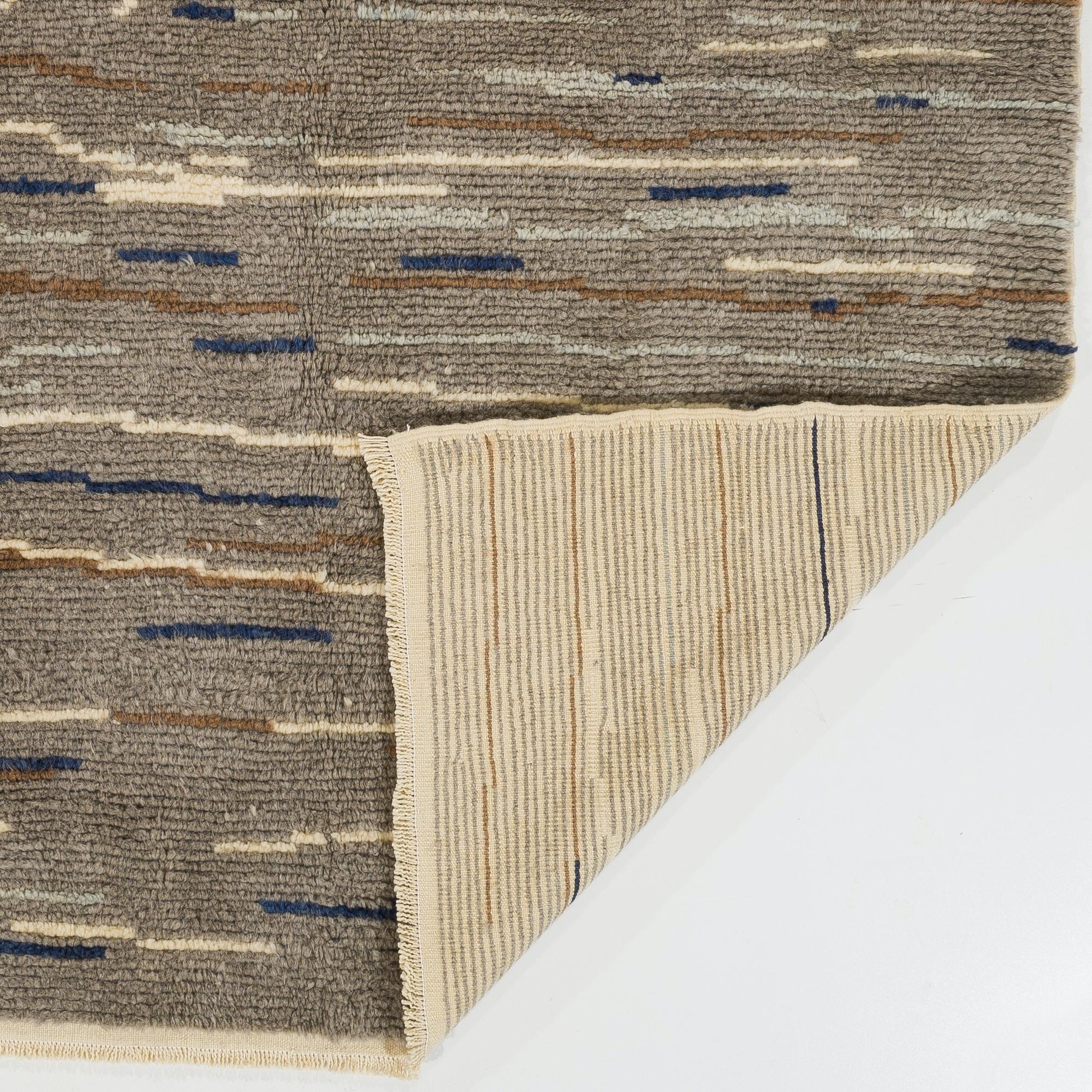 Turkish Modern Hand-knotted Tulu Wool Rug in Taupe Brown, Blue & Ivory, Custom Ops Avail For Sale