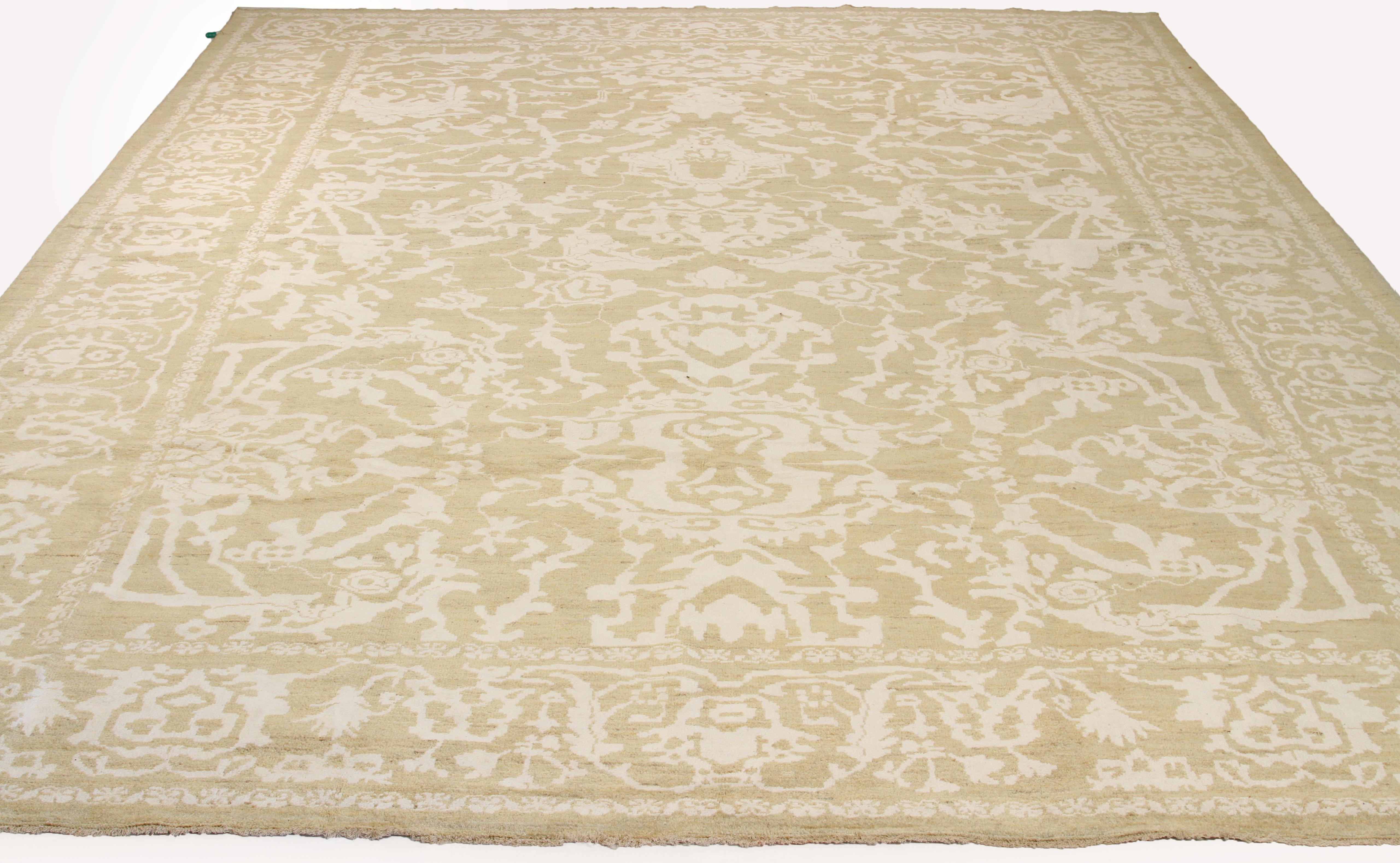 Modern hand knotted Turkish rug made from fine wool and all-natural vegetable dyes that are safe for people and pets. This lovely piece features floral design patterns woven in traditional Sultanabad style that originated in ancient Iran. The color