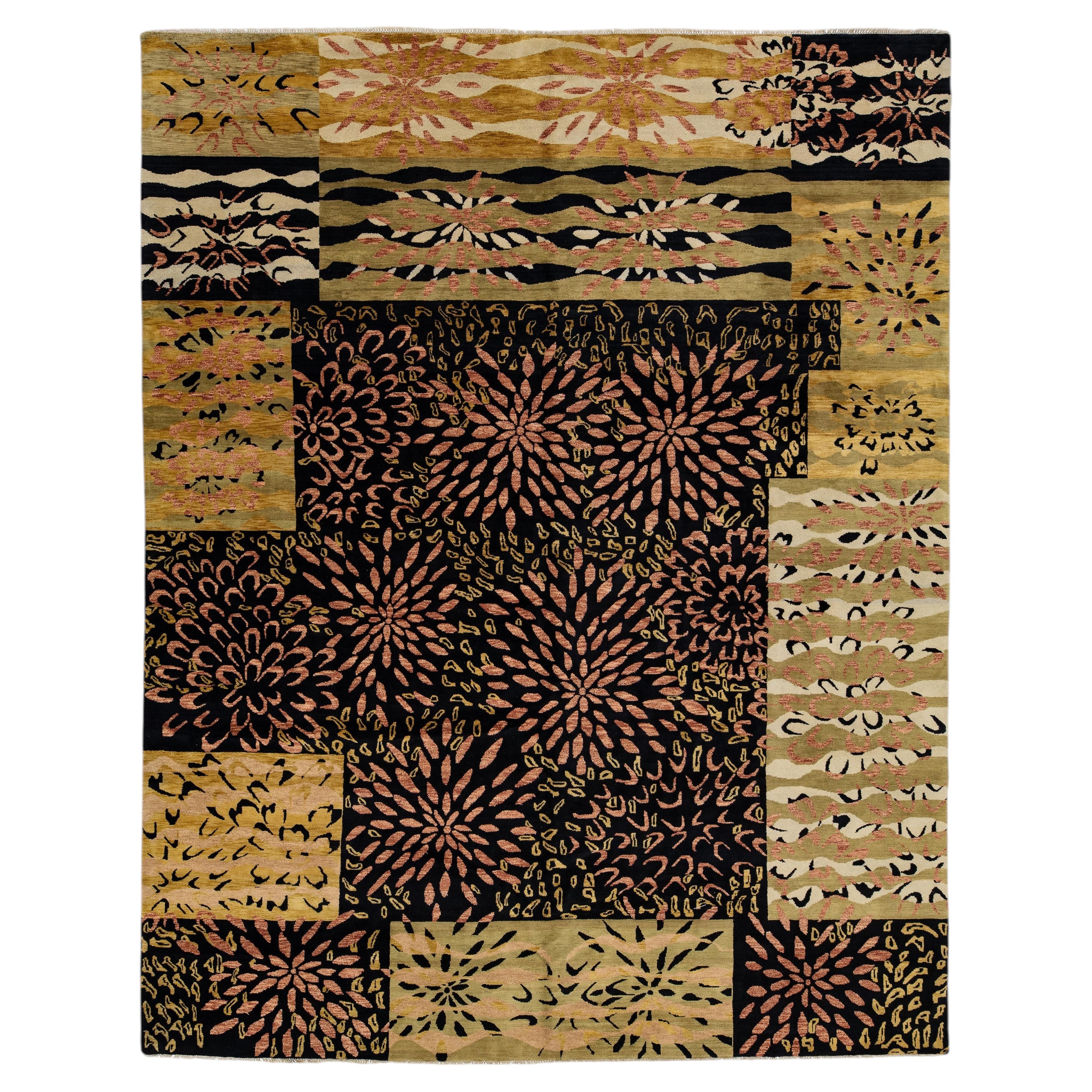 Modern Hand-Knotted Wool Area Rug – Abstract Botanical Floral Burst & Patchwork