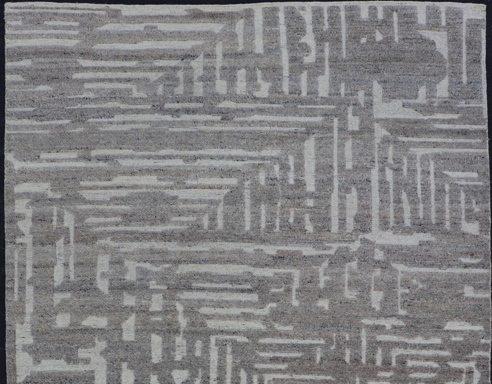 Hand-Knotted Modern Hand Knotted Wool Area Rug in Cream and Light Gray with Abstract Design For Sale