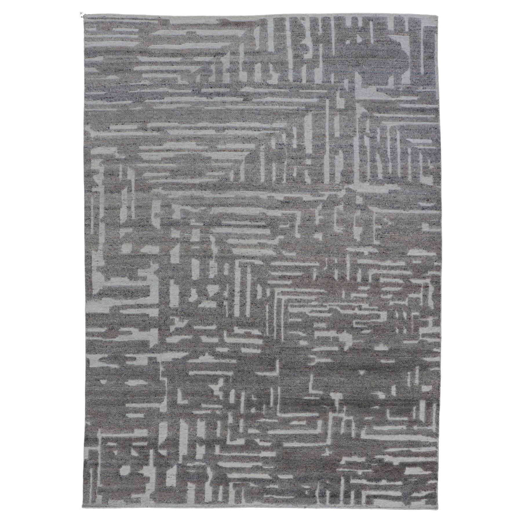 Modern Hand Knotted Wool Area Rug in Cream and Light Gray with Abstract Design For Sale