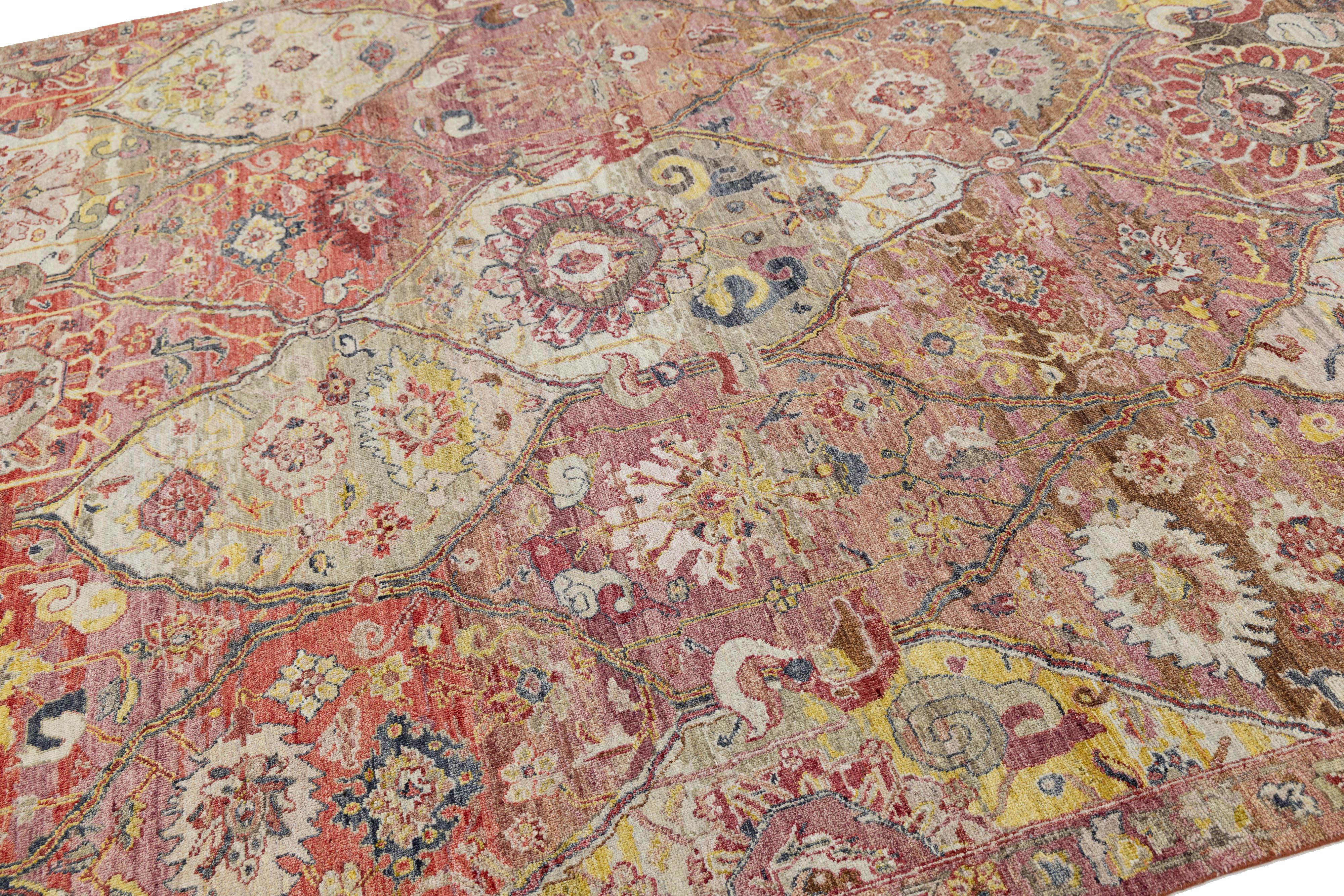 Lattice Design Rugs Modern Hand-Knotted Wool Area Rug – Vibrant Terracotta and Ochre ...