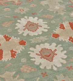 Modern Hand-Knotted Wool Pale-Green Oushak-Inspired Rug