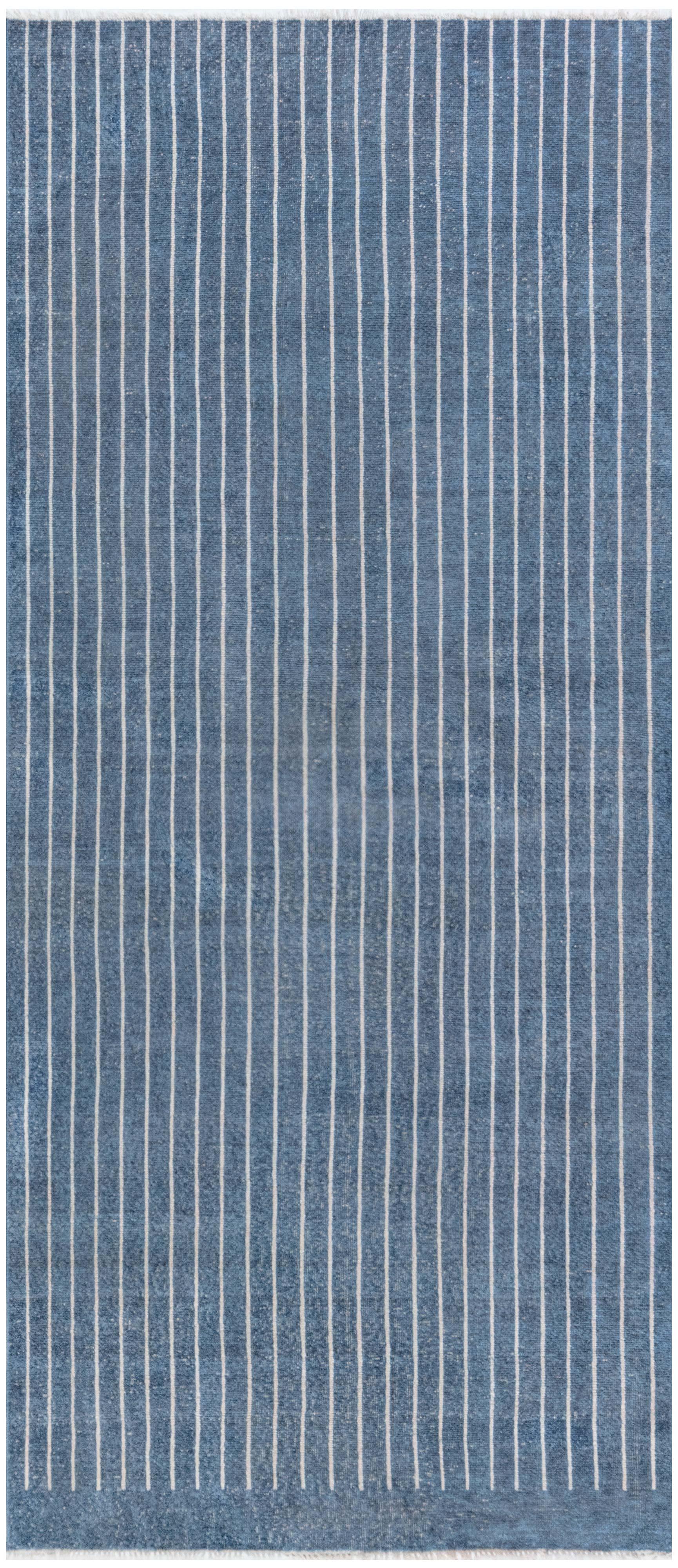 Modern Hand-Knotted Wool Pile Runner in Striped Blue by Doris Leslie Blau In New Condition For Sale In New York, NY