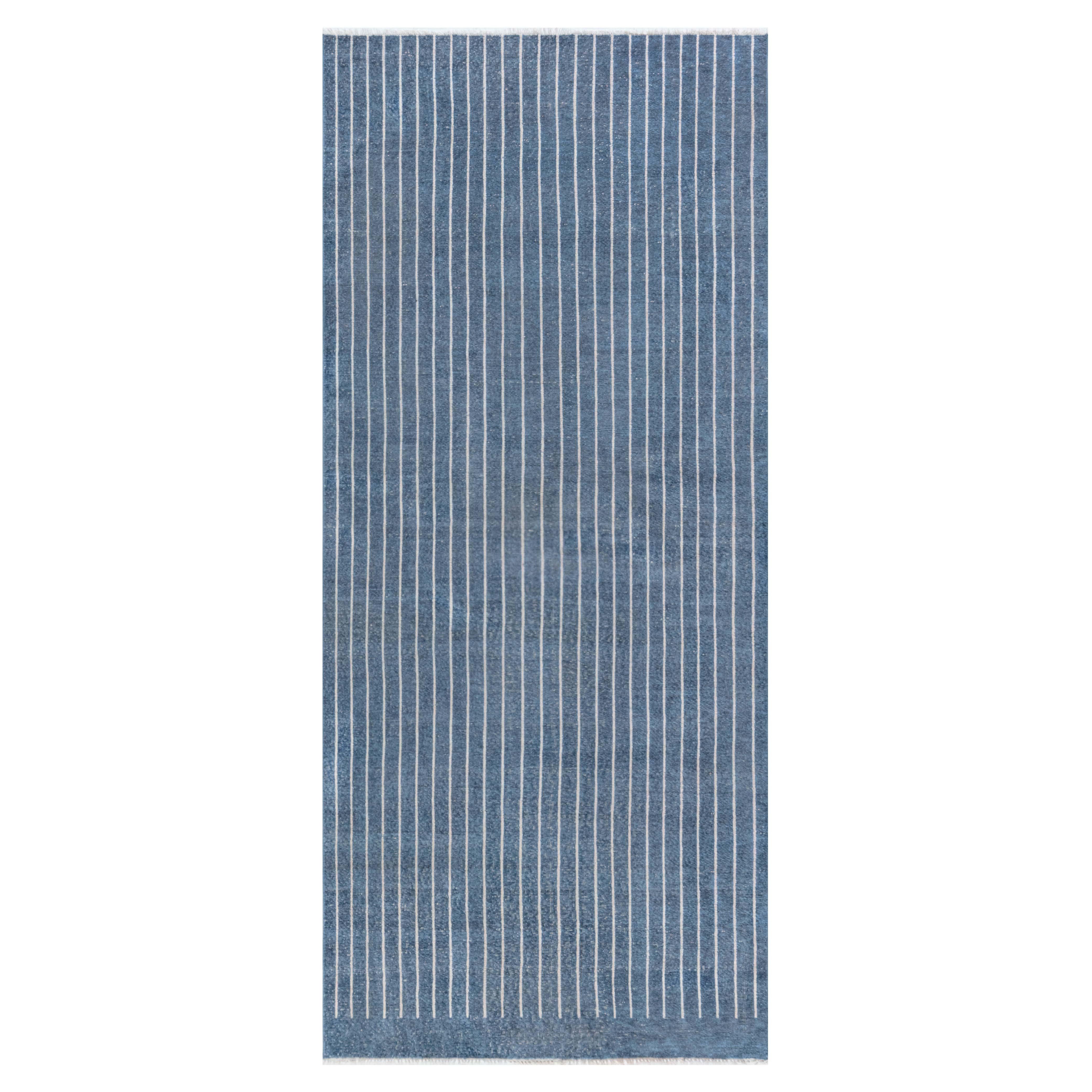 Modern Hand-Knotted Wool Pile Runner in Striped Blue by Doris Leslie Blau For Sale