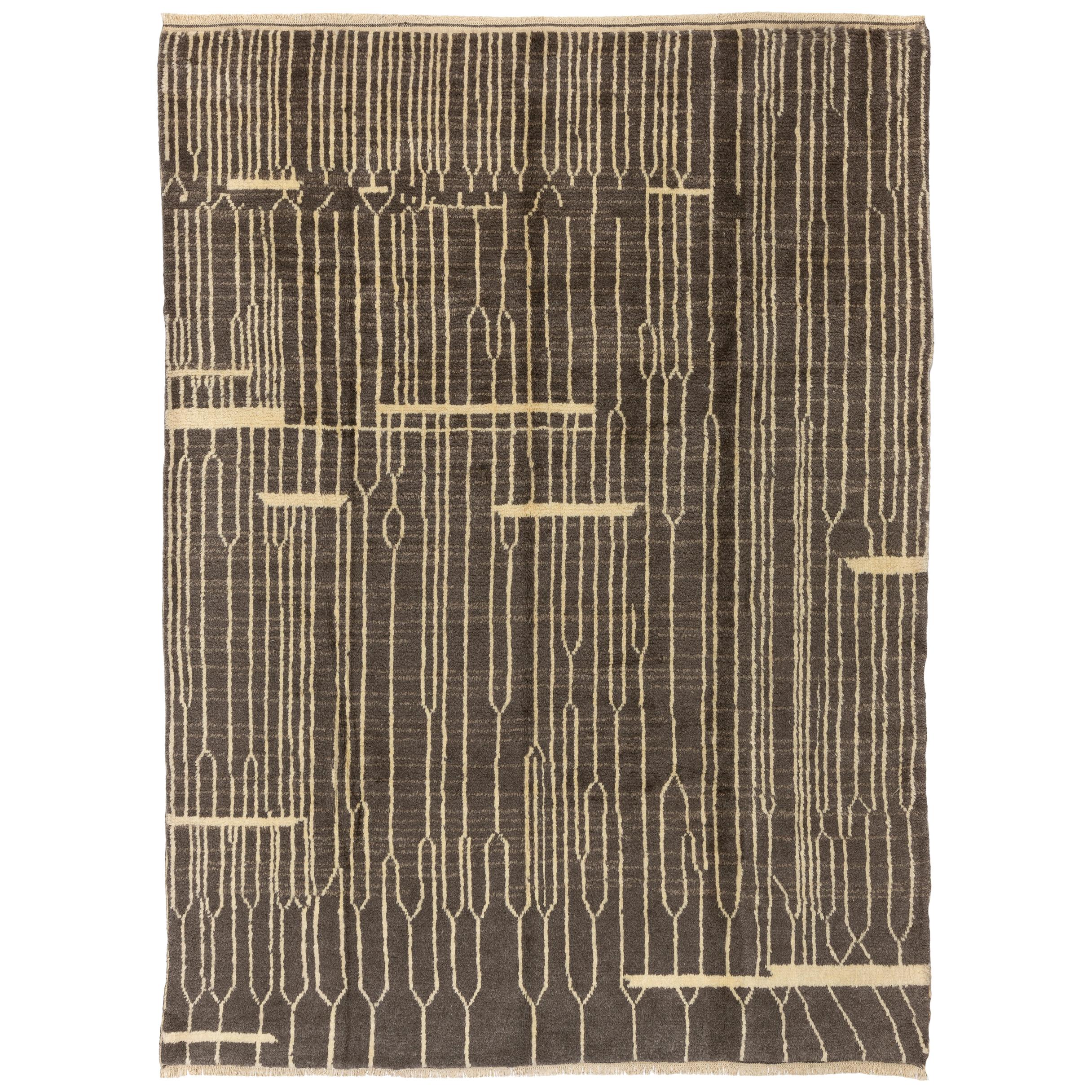 Custom Modern Hand Knotted Tulu Rug, Charcoal Gray and Cream Colors, 100% Wool