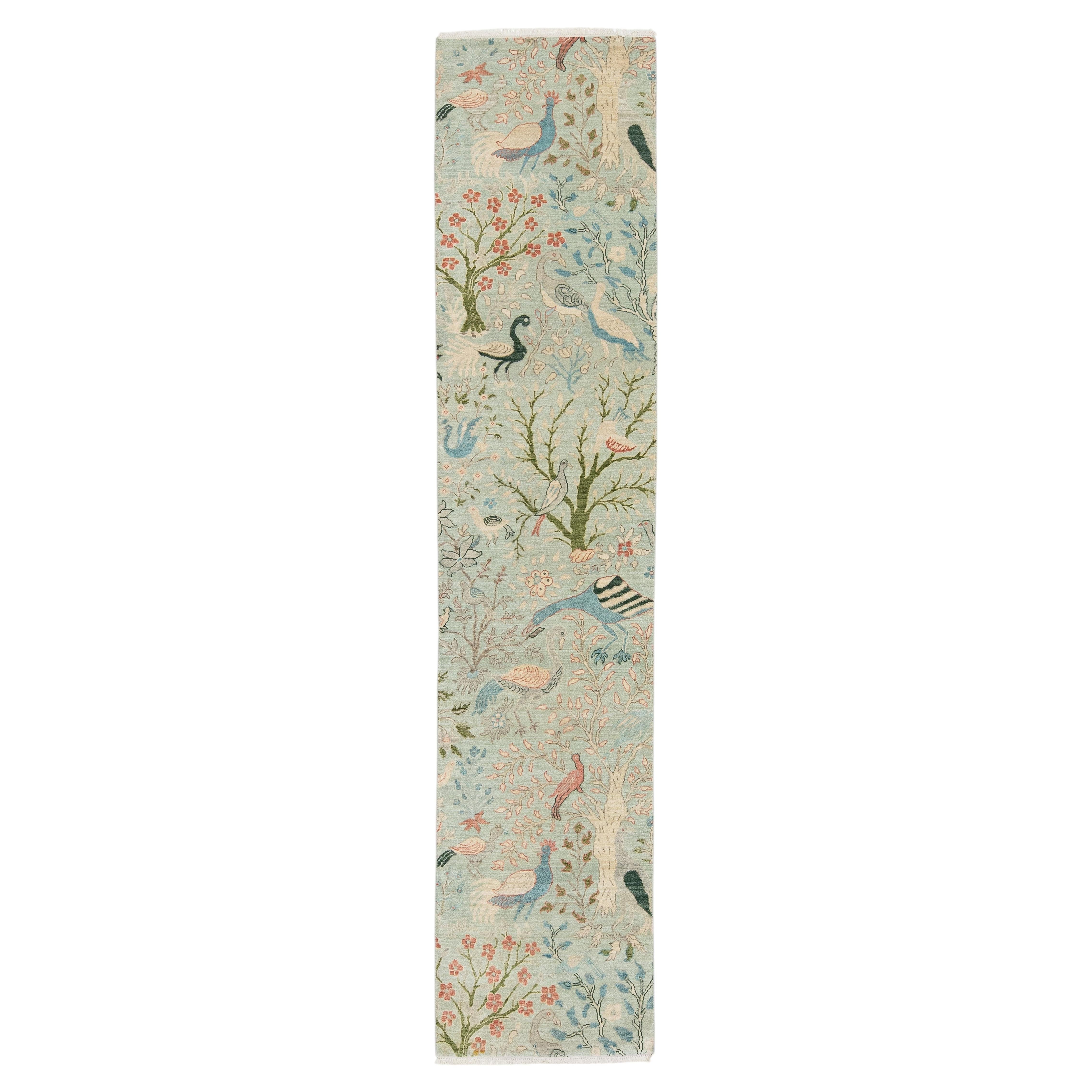 Modern Hand-Knotted Wool Tree of Life Runner Rug in Soft Blue & Coral