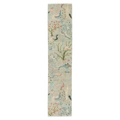 Modern Hand-Knotted Wool Tree of Life Runner Rug in Soft Blue & Coral