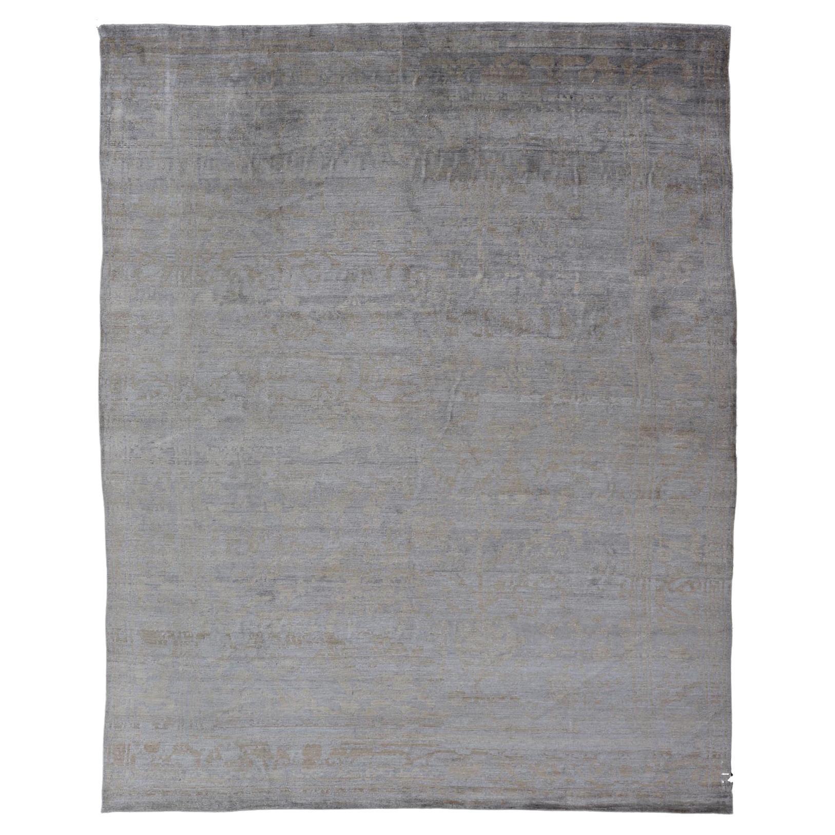 Modern Hand-Knotted Woolen Tibetan Rug with All-Over Design with Grey Background