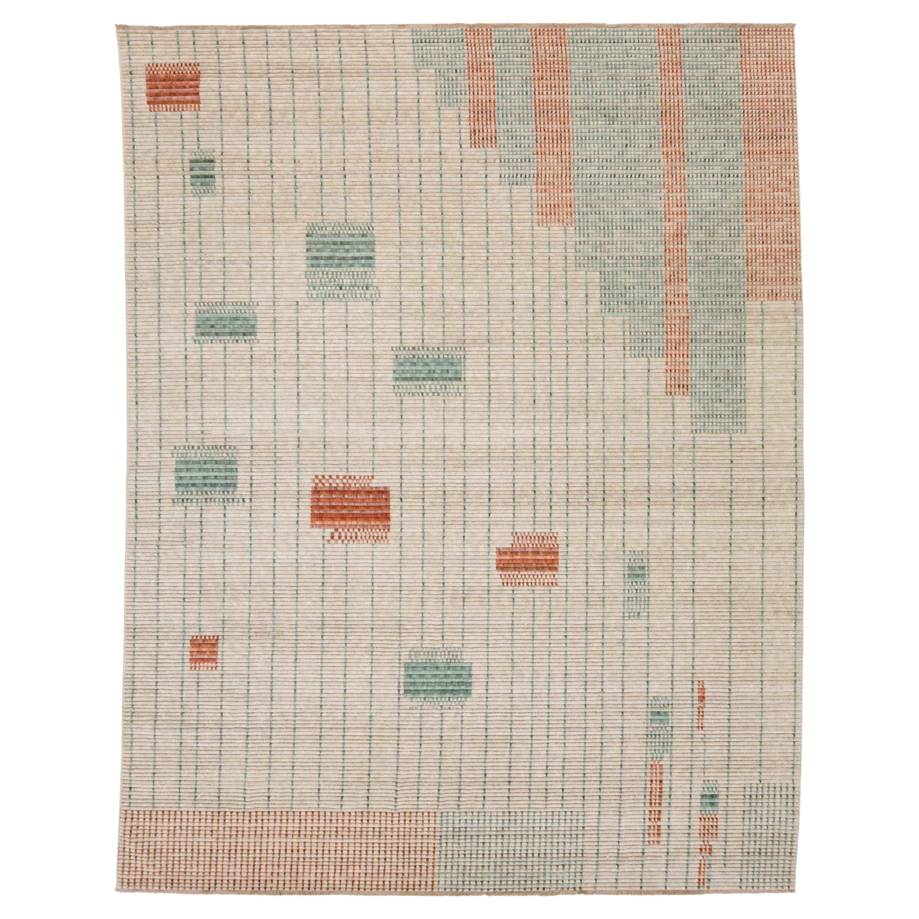 Modern Hand Loom Beige Wool Rug With Geometric Design