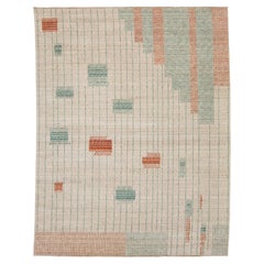 Modern Hand Loom Beige Wool Rug With Geometric Design