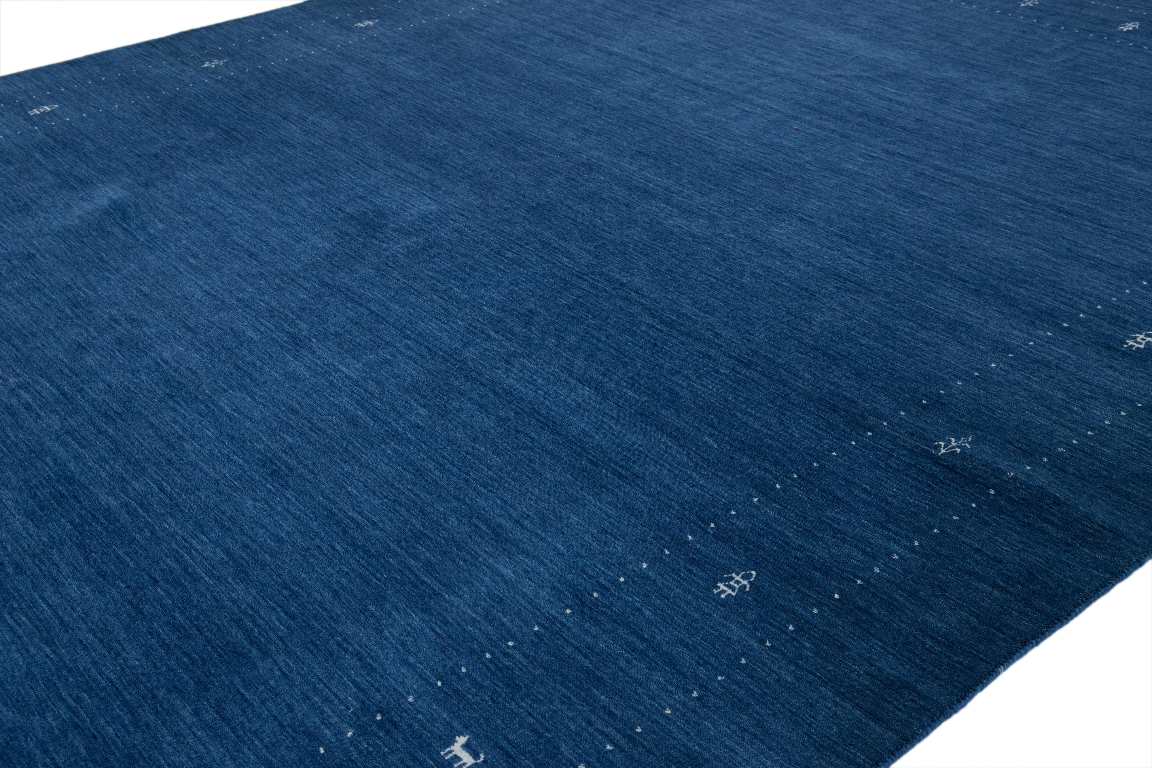 Indian Modern Hand-Loomed Minimalist Gabbeh Wool Rug In Blue For Sale