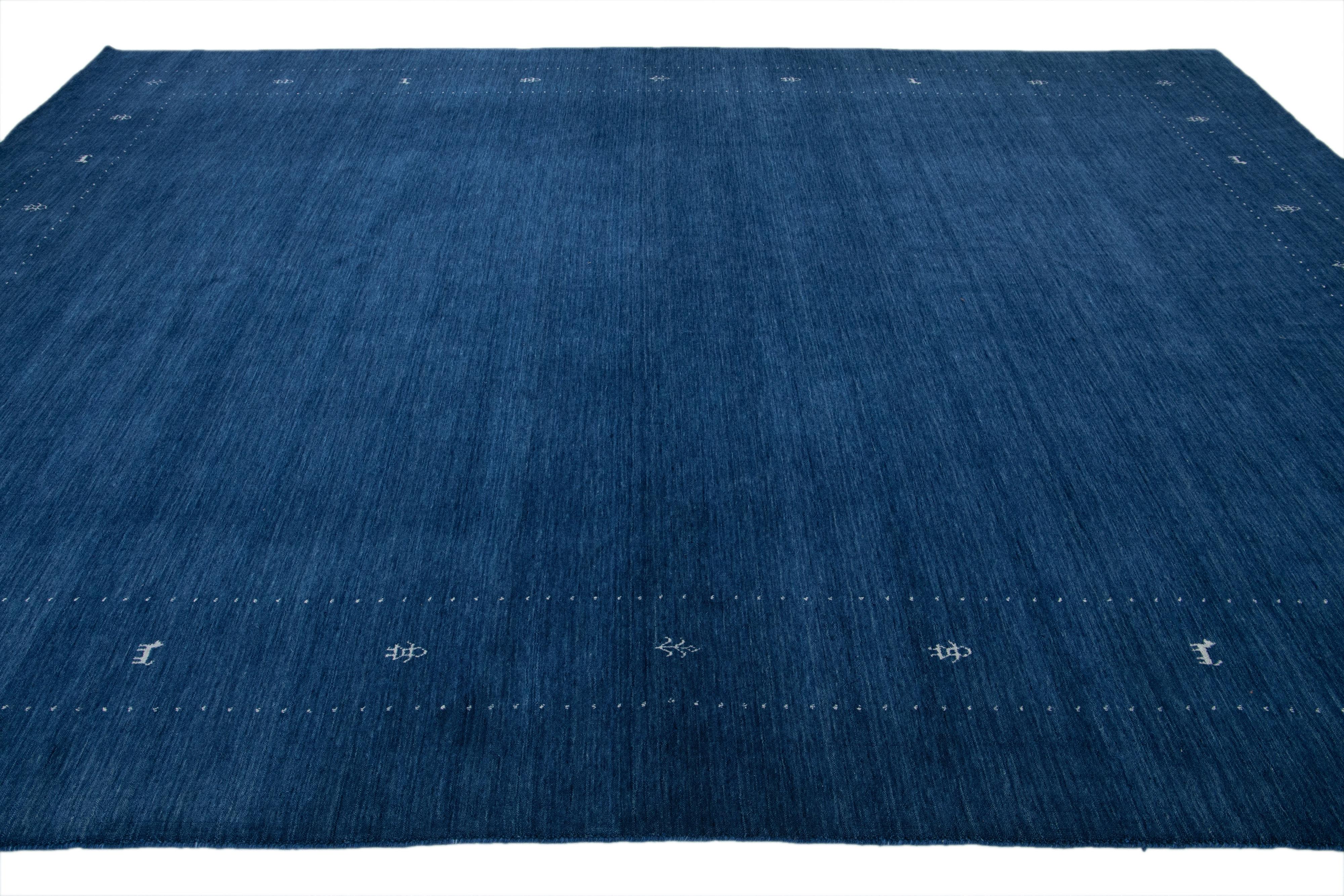 Hand-Woven Modern Hand-Loomed Minimalist Gabbeh Wool Rug In Blue For Sale