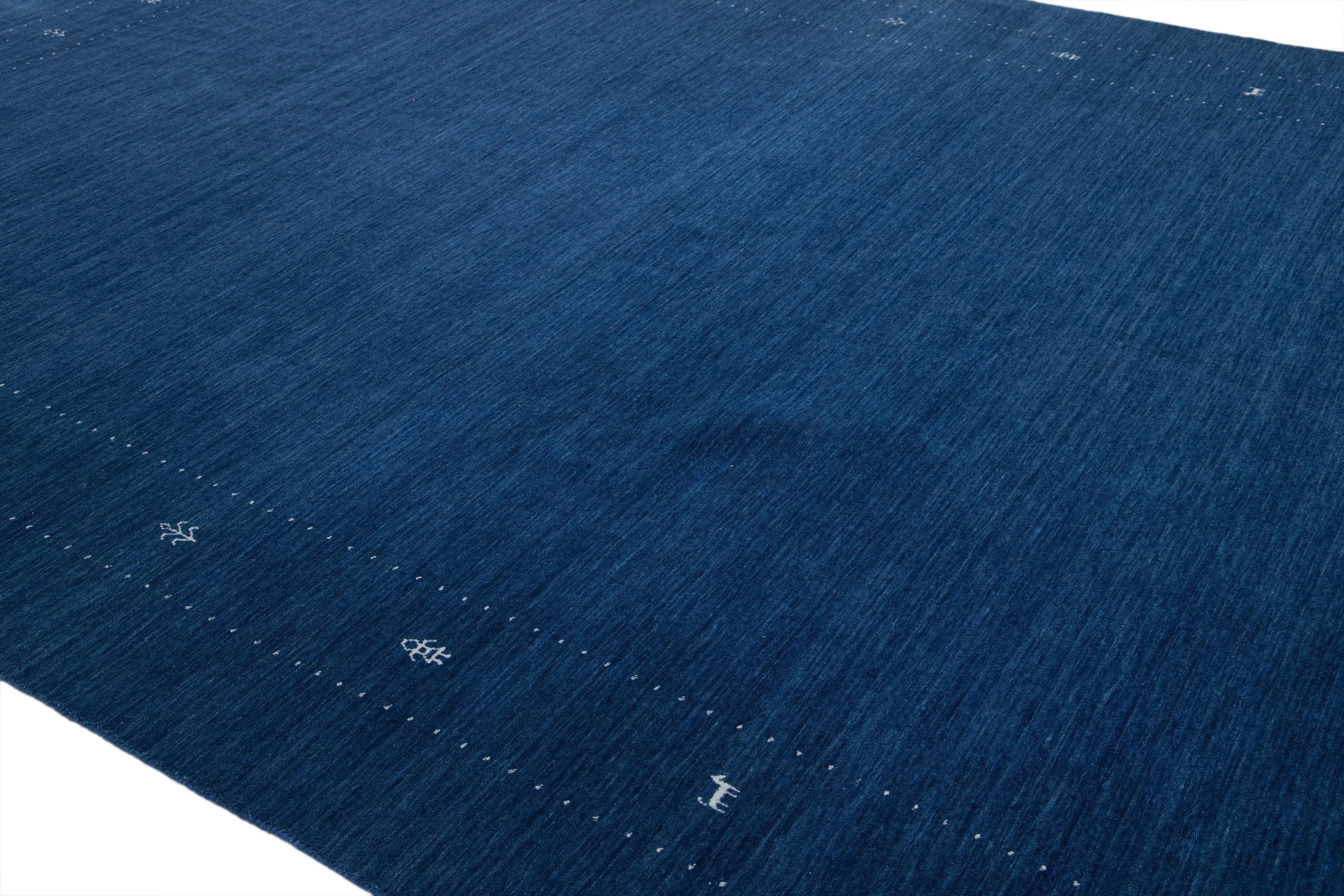 Modern Hand-Loomed Minimalist Gabbeh Wool Rug In Blue For Sale 1
