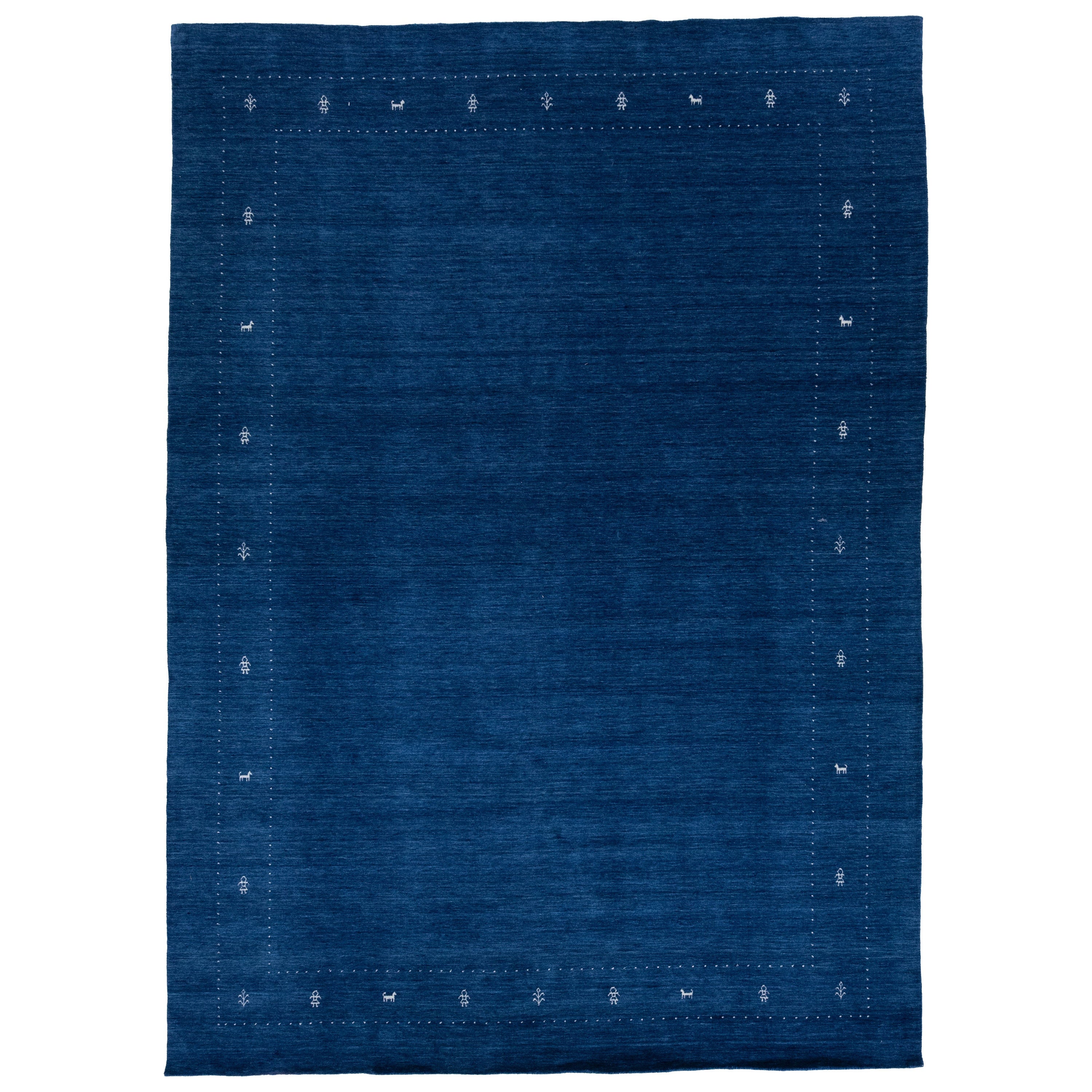 Moderner handgewobener minimalistischer Gabbeh-Wollteppich in Blau