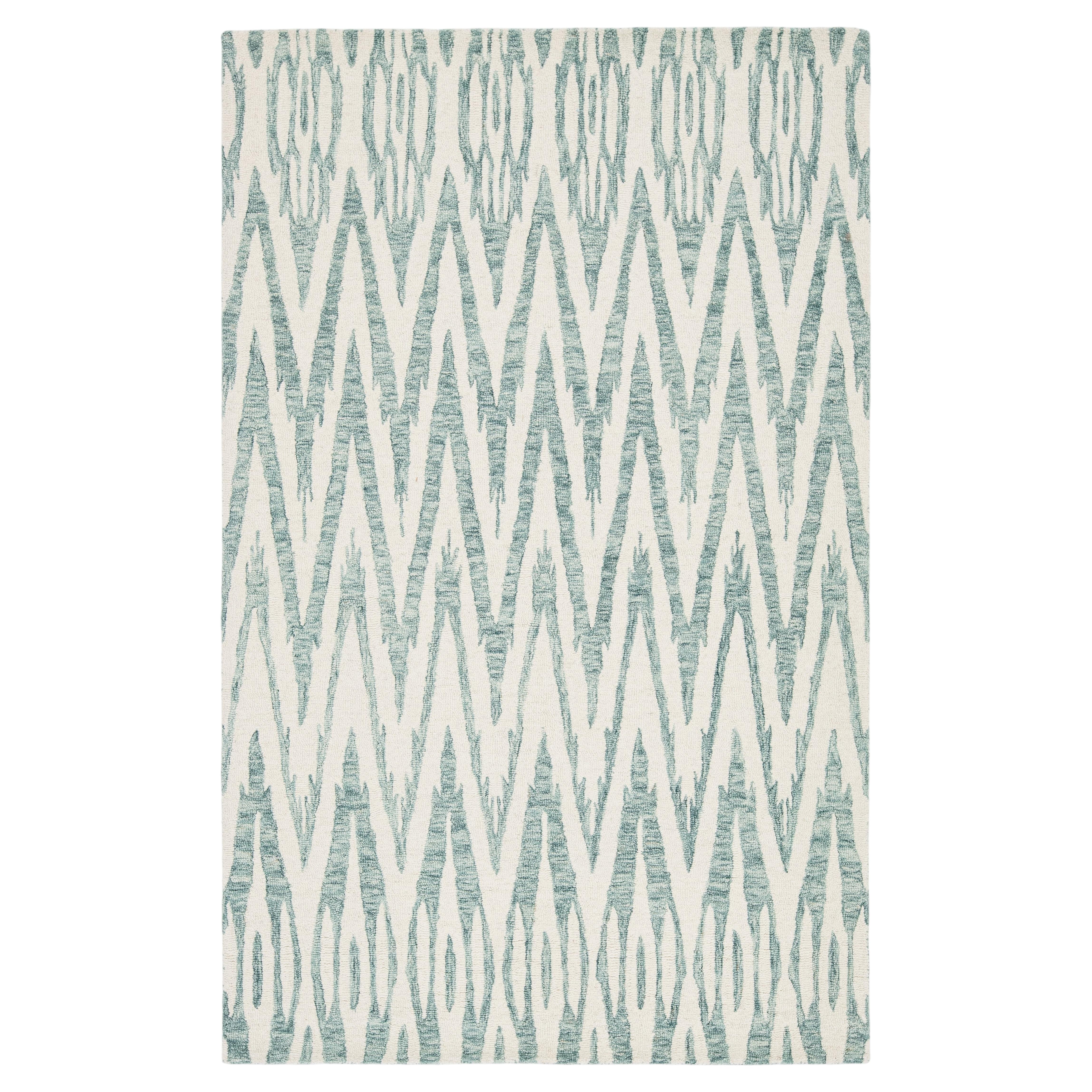 Modern Hand-Tufted Wool Area Rug with Geometric Ikat Chevron Pattern in Sage For Sale