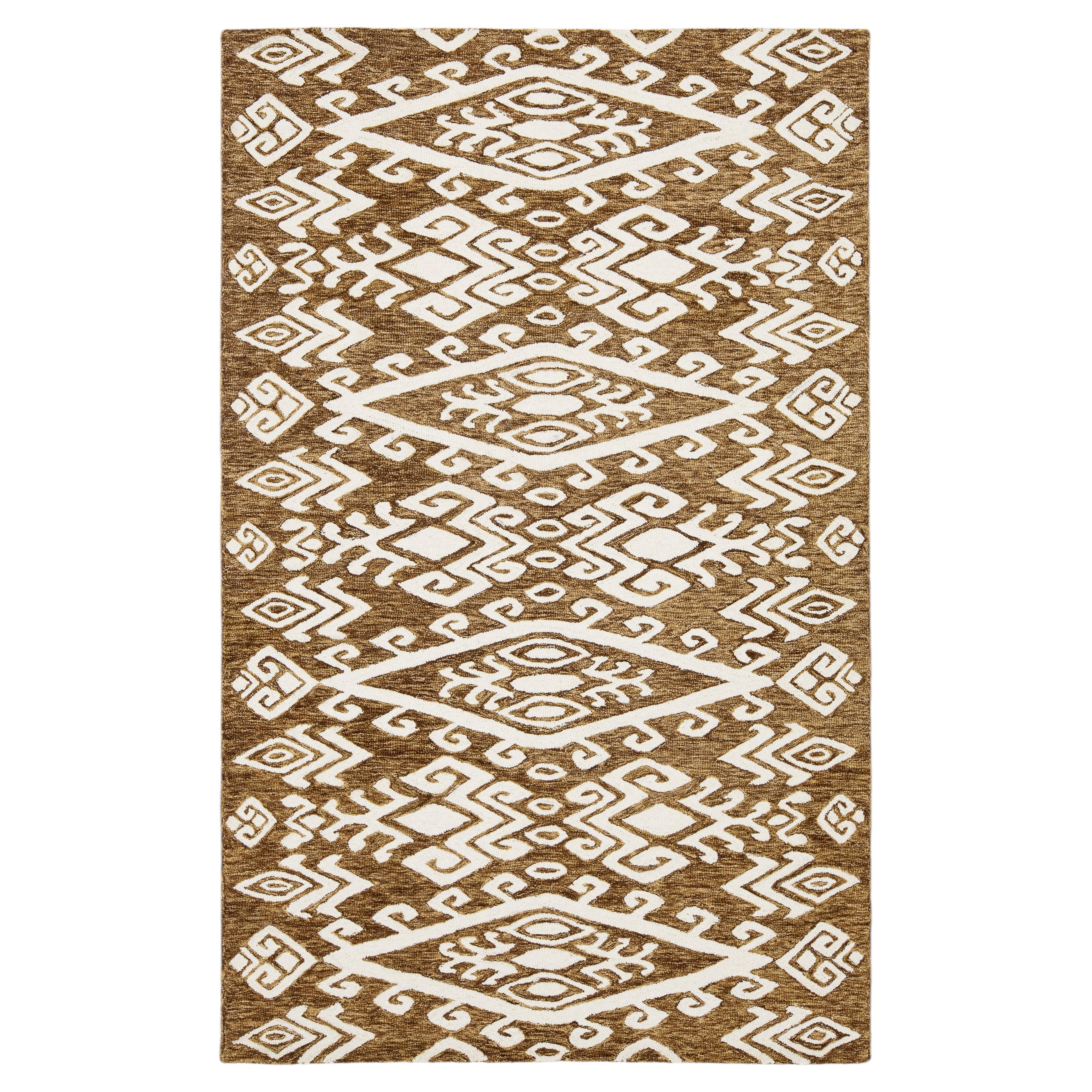 Modern Hand-Tufted Wool Area Rug with Geometric Tribal Pattern in Earthy Ochre