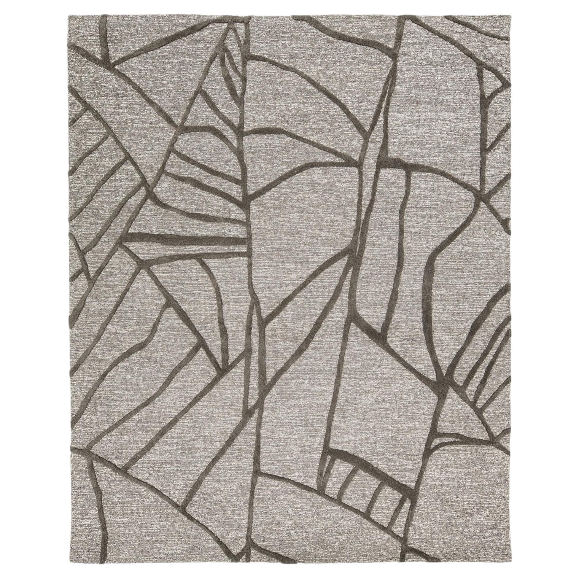 Moderner handgetufteter Wollteppich Abstraktes Geometrisches Lineares Design - Greige & Charcoal im Angebot