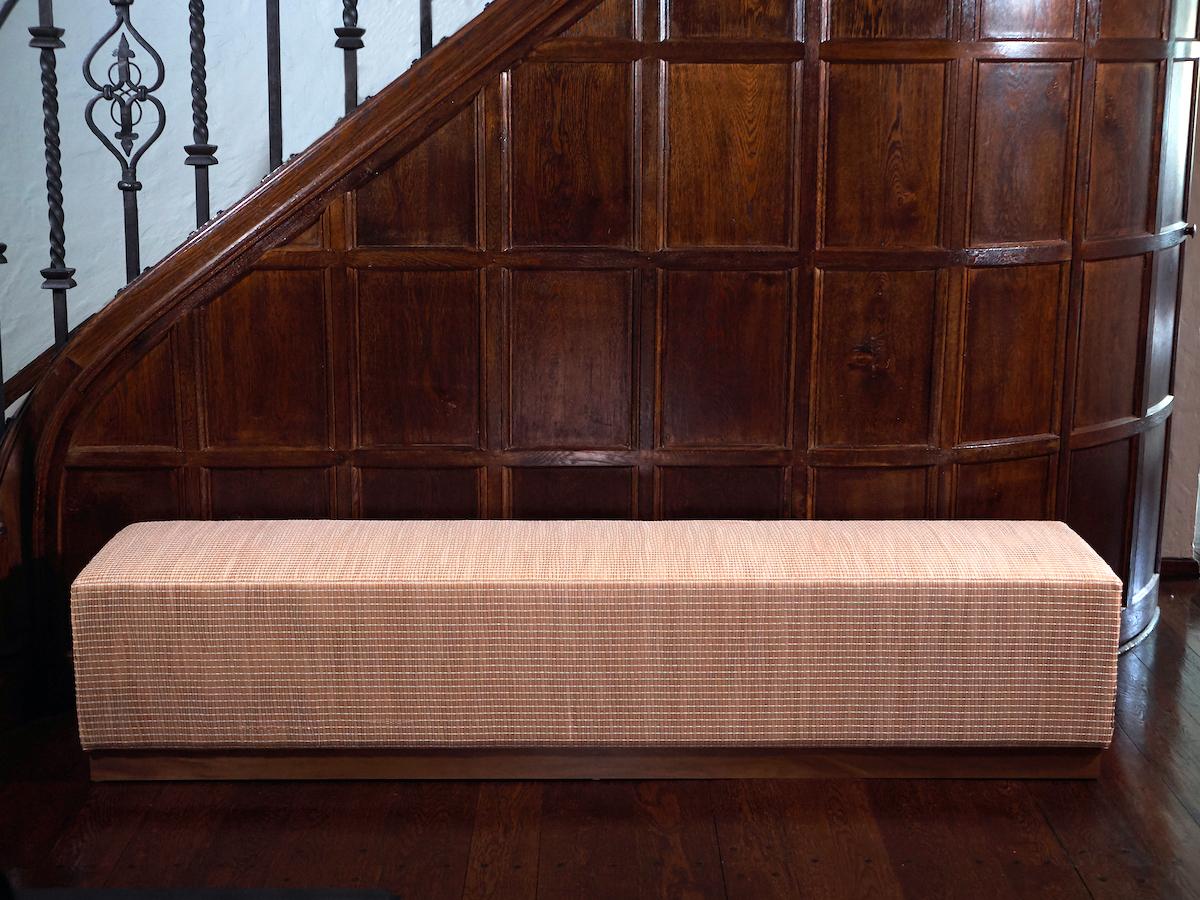 Modern Handwoven Blonde Leather Upholstered Bench with Walnut Base  In New Condition For Sale In Bronxville, NY