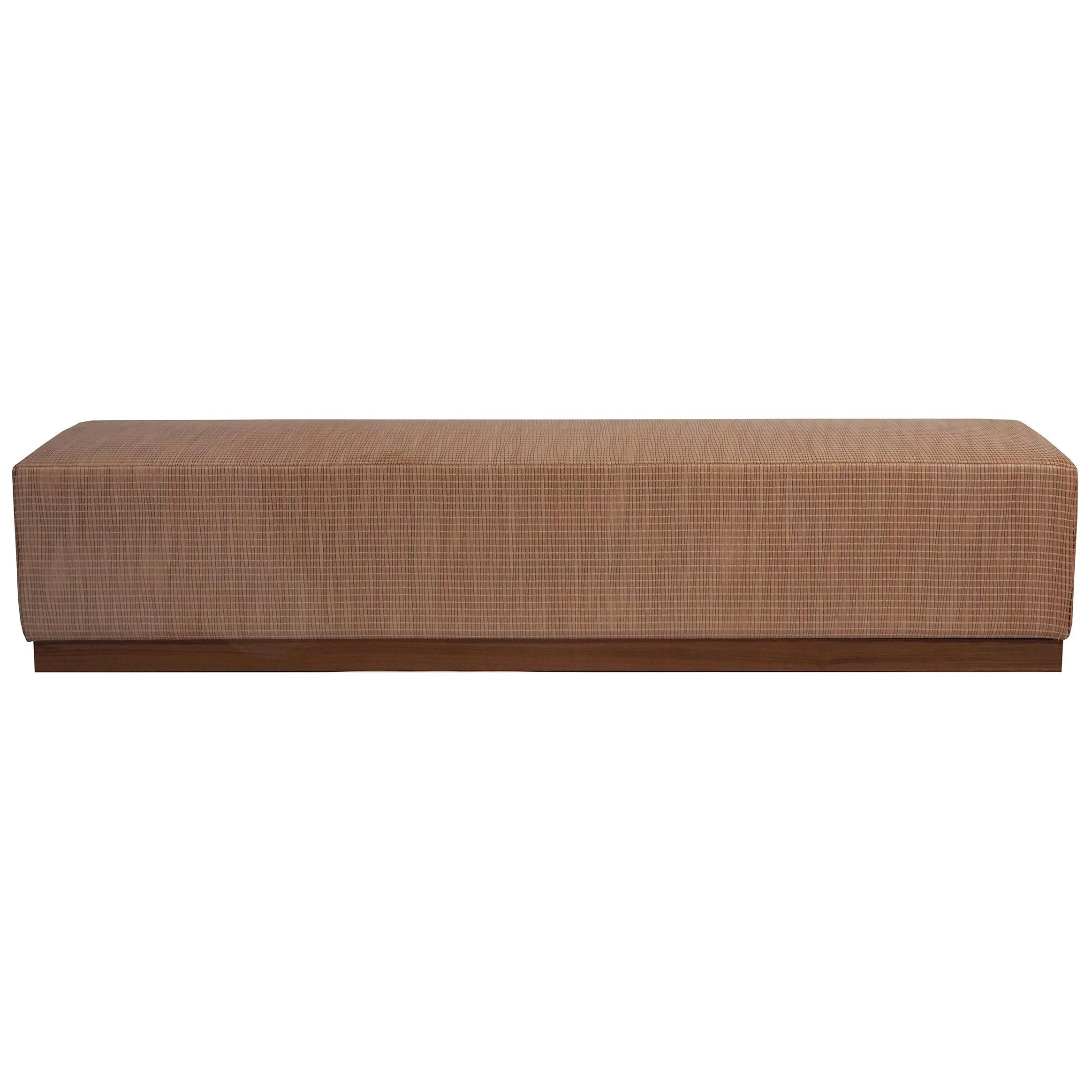 Modern Handwoven Blonde Leather Upholstered Bench with Walnut Base  For Sale