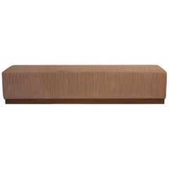 Modern Handwoven Blonde Leather Upholstered Bench with Walnut Base 