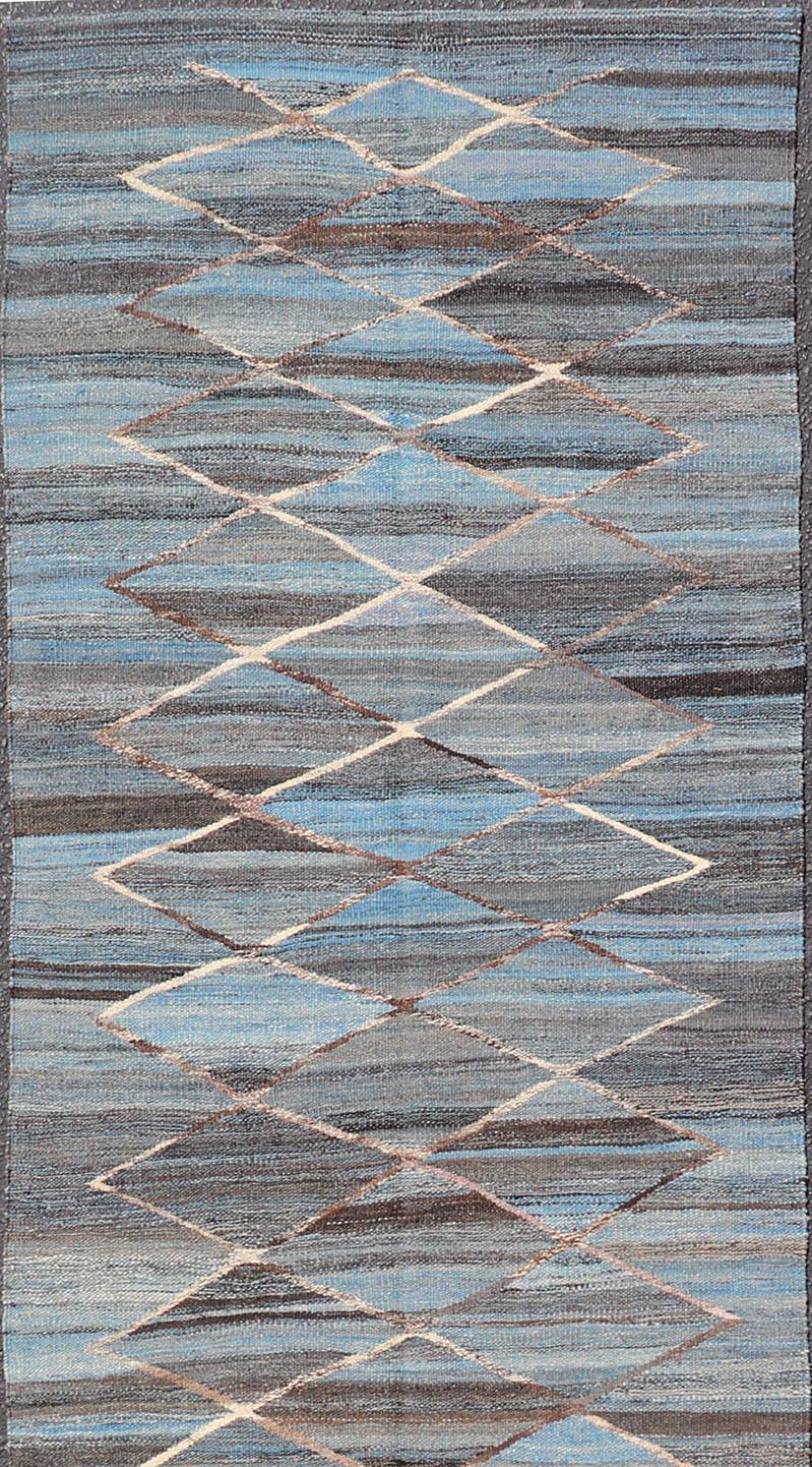 Afghan Modern Hand-Woven Flatweave Kilim in Wool with Sub-Geometric Diamond Design For Sale
