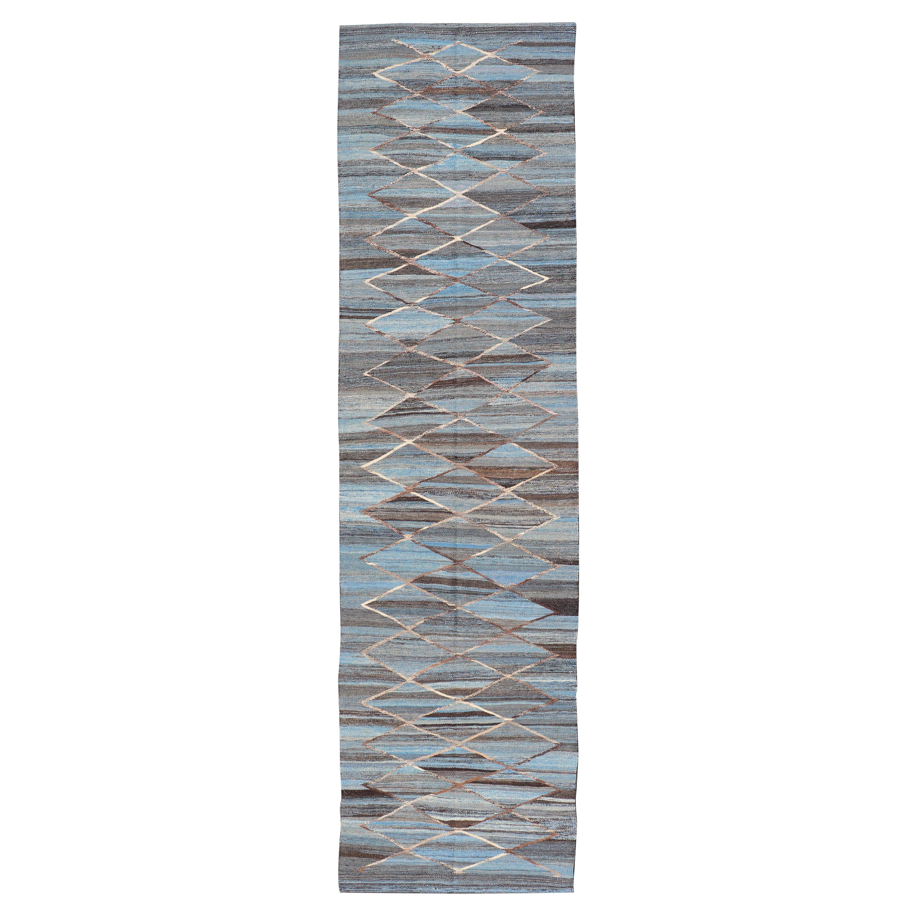 Moderner handgewebter Flachgewebe-Kilim aus Wolle mit subgeometrischem Rautenmuster im Angebot