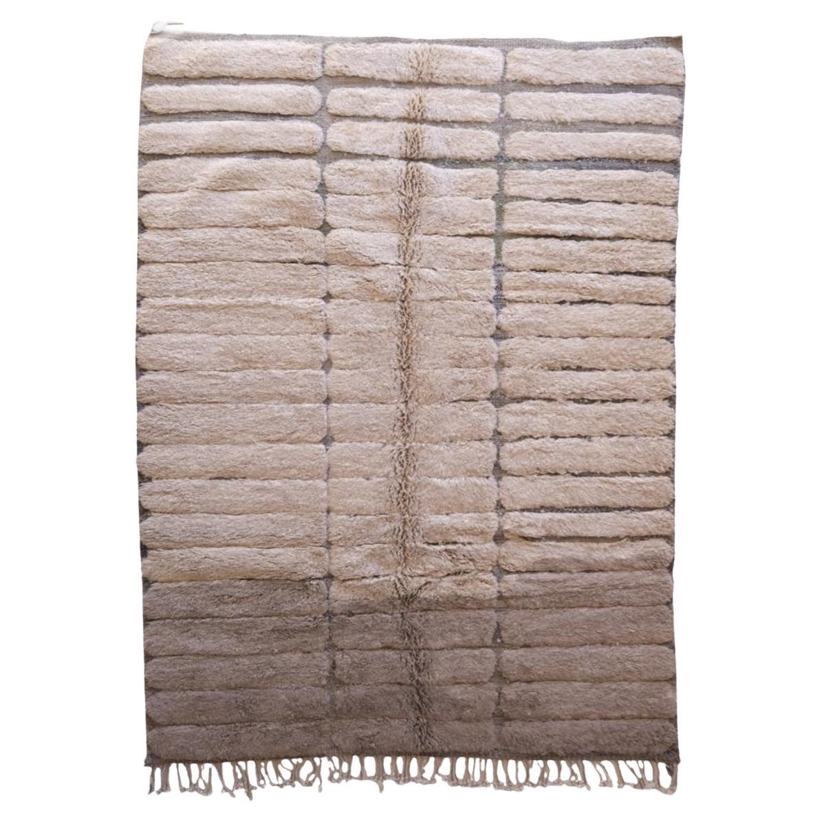Modern Hand Woven Moroccan Neutral Textured Rug in White, Taupe and Cream Wool