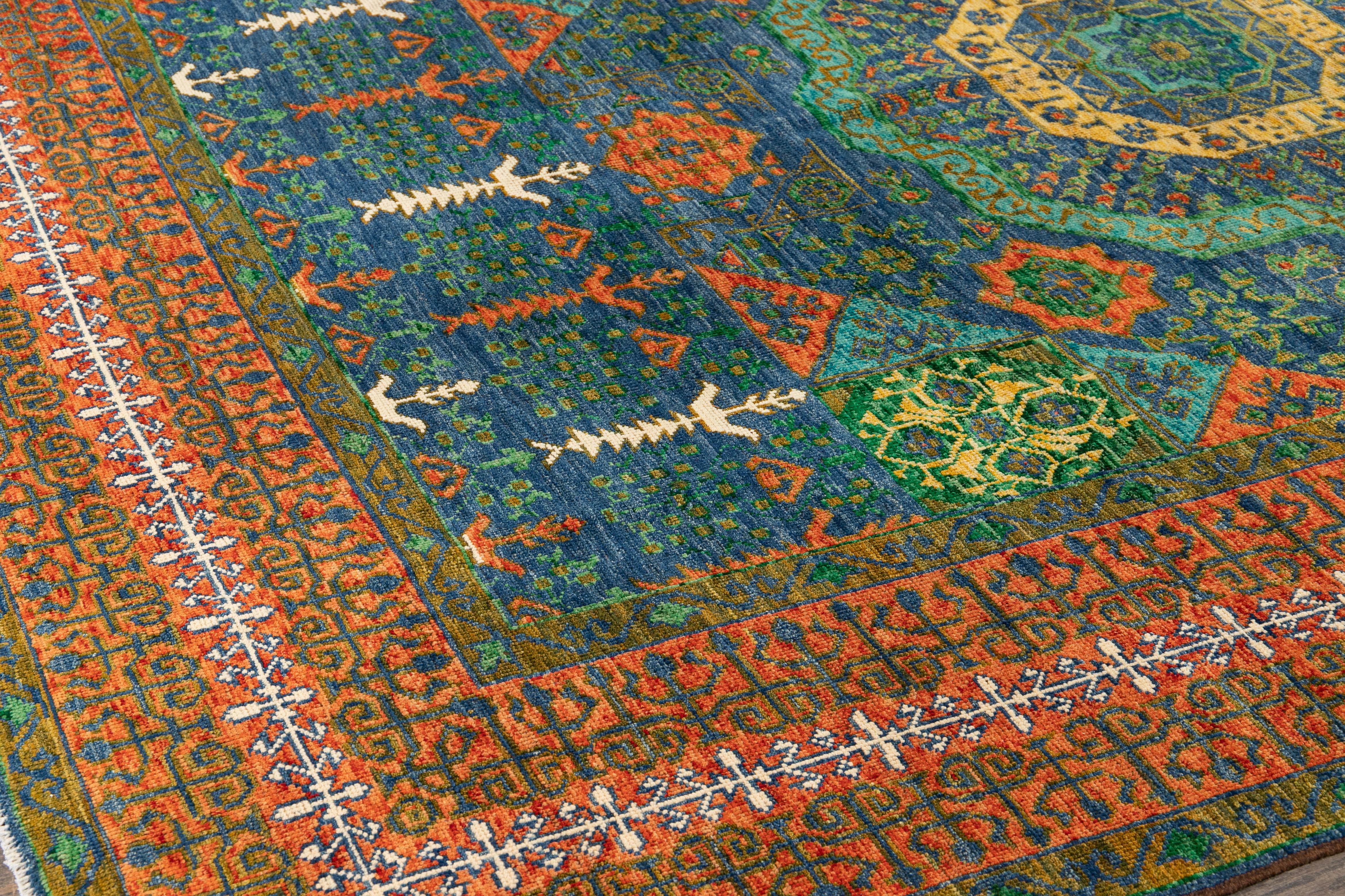 Mid-Century Modern Modern Handamde Mamluk Wool Rug With Rosette Motif In Green For Sale