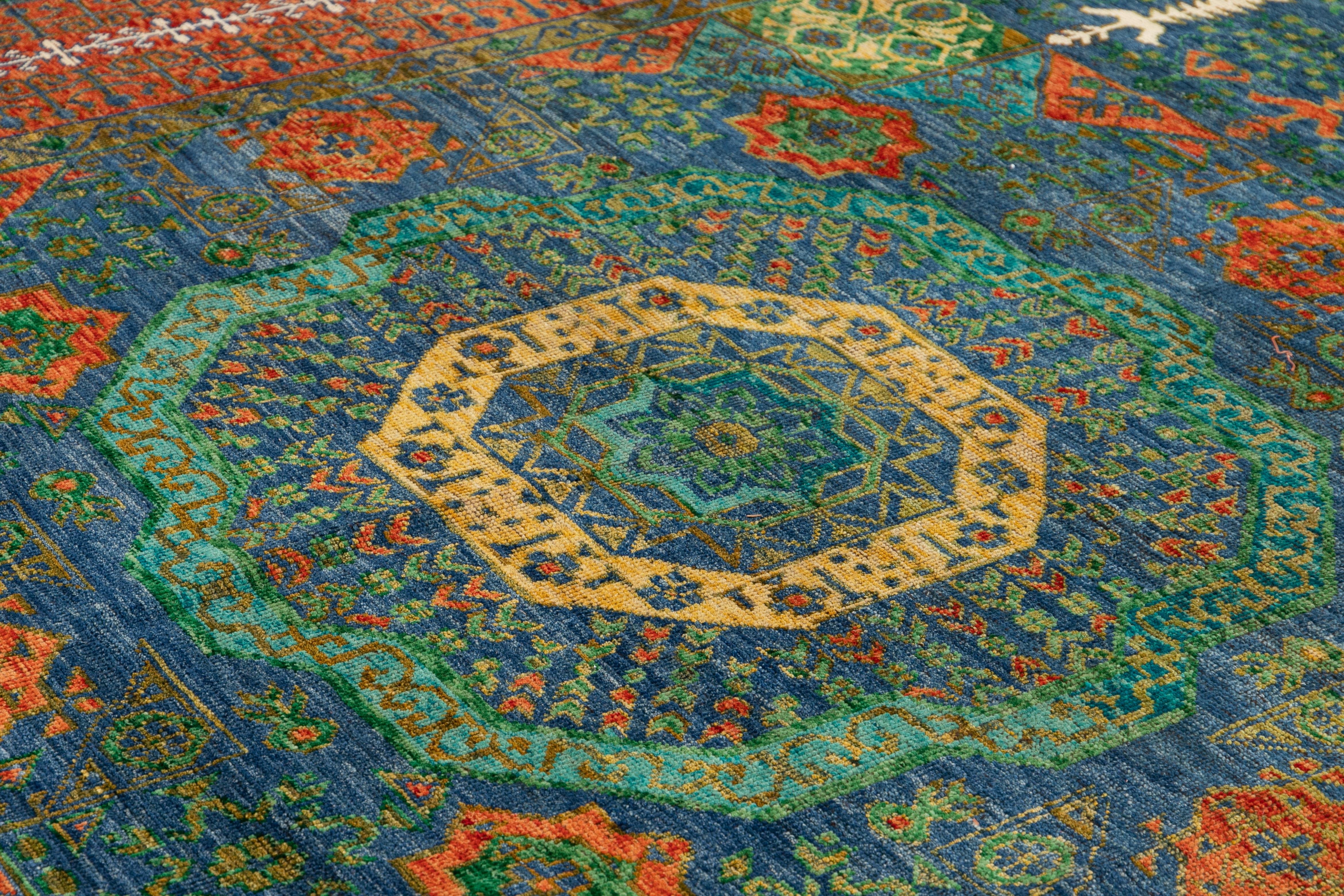 Afghan Modern Handamde Mamluk Wool Rug With Rosette Motif In Green For Sale