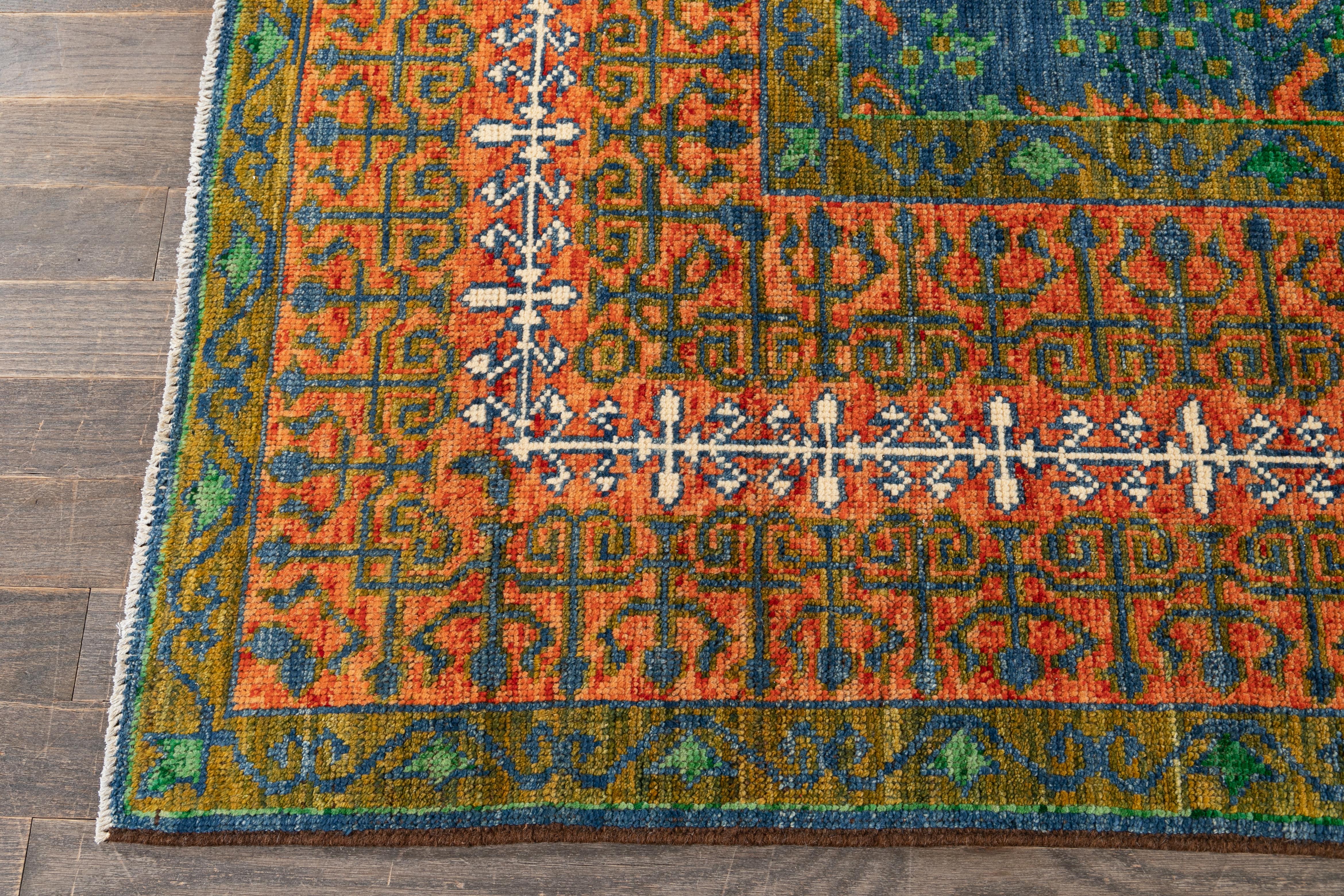 Modern Handamde Mamluk Wool Rug With Rosette Motif In Green In New Condition For Sale In Norwalk, CT