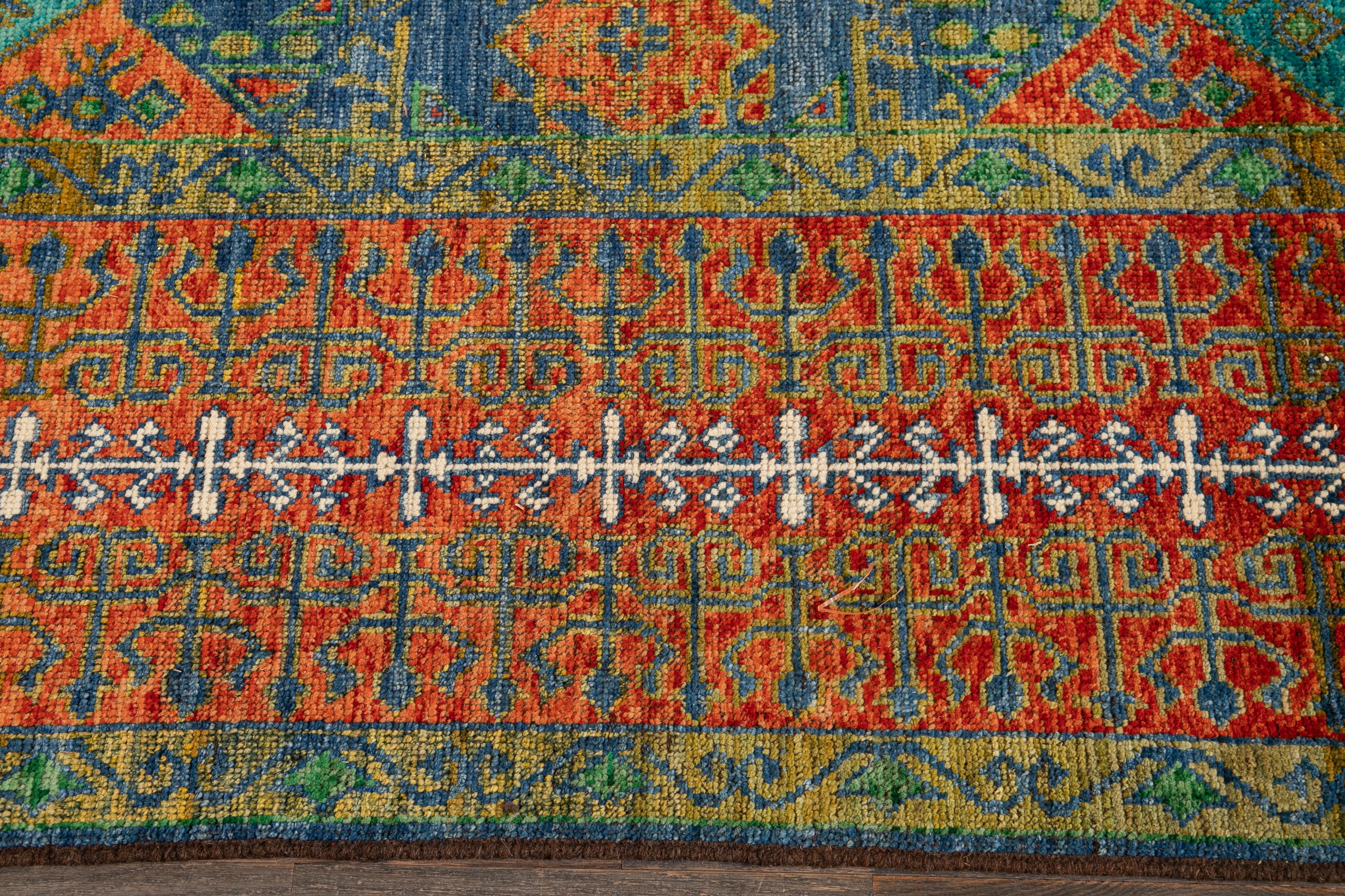 Contemporary Modern Handamde Mamluk Wool Rug With Rosette Motif In Green For Sale