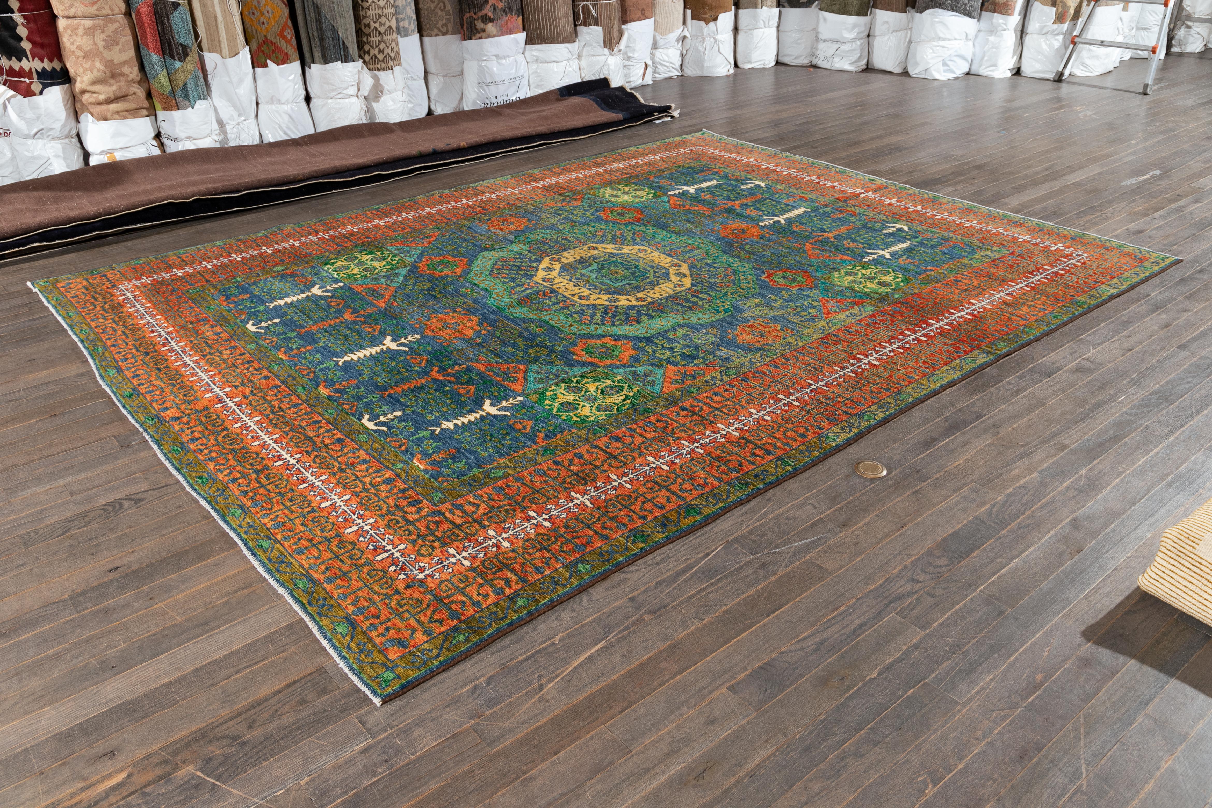 Modern Handamde Mamluk Wool Rug With Rosette Motif In Green For Sale 1