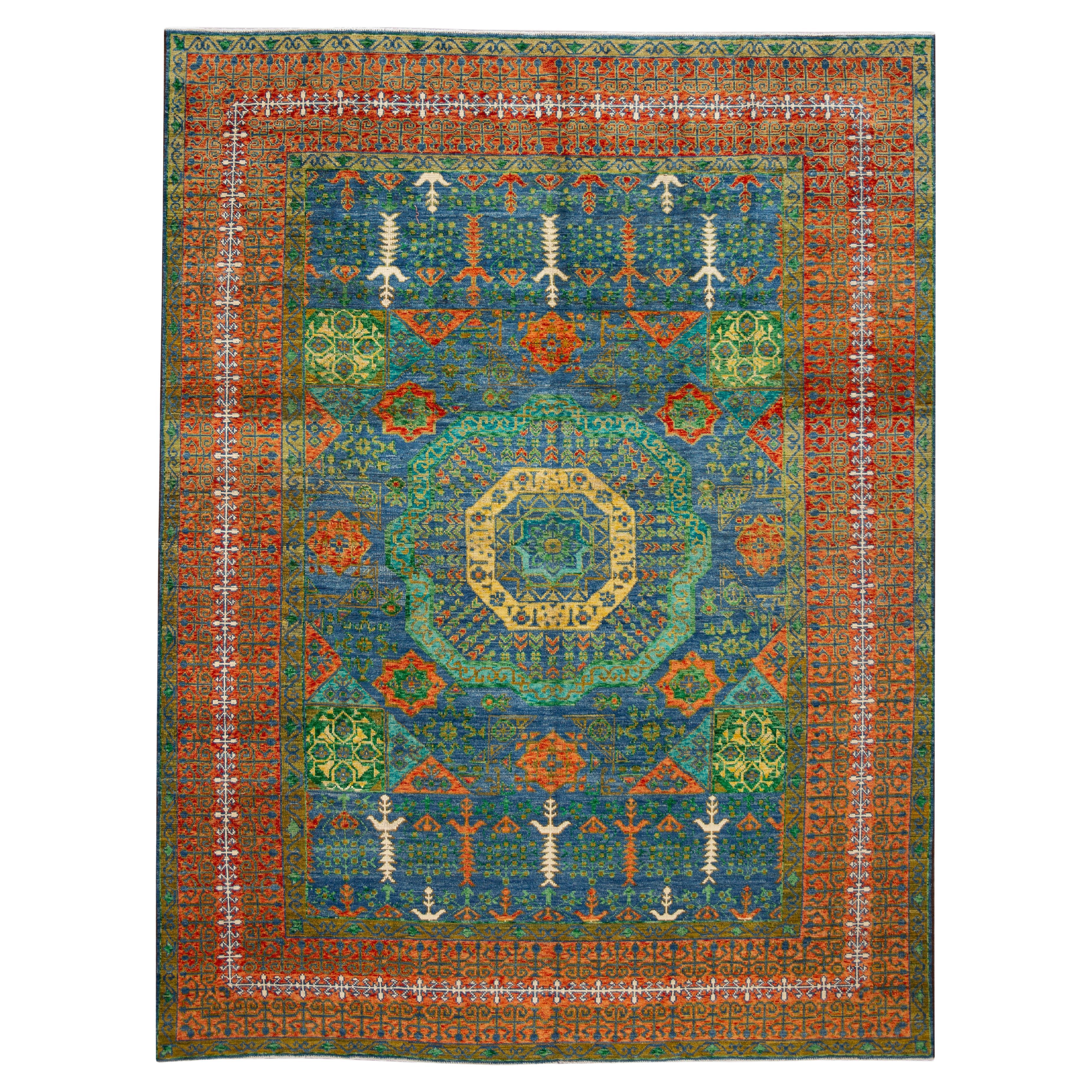 Tapis moderne en laine mamelouk émaillée à la main avec motif de rosettes en vert
