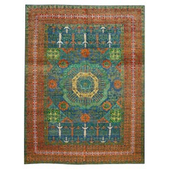 Modern Handamde Mamluk Wool Rug With Rosette Motif In Green