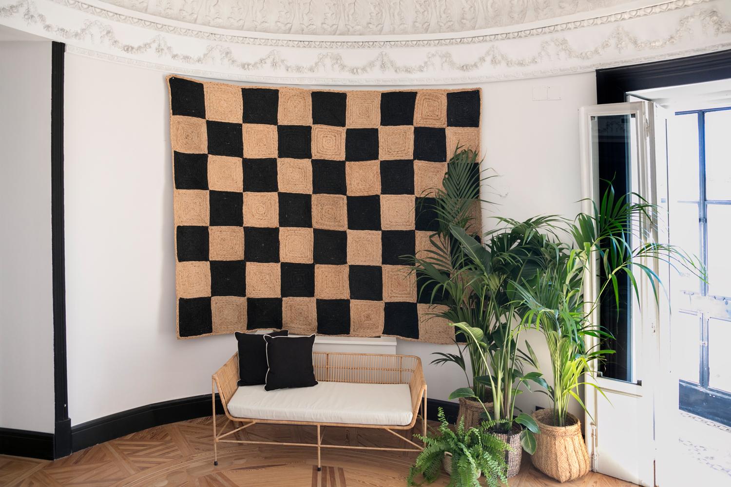 Indian Modern Handbraided Jute Rug Black&Natural Checkers For Sale