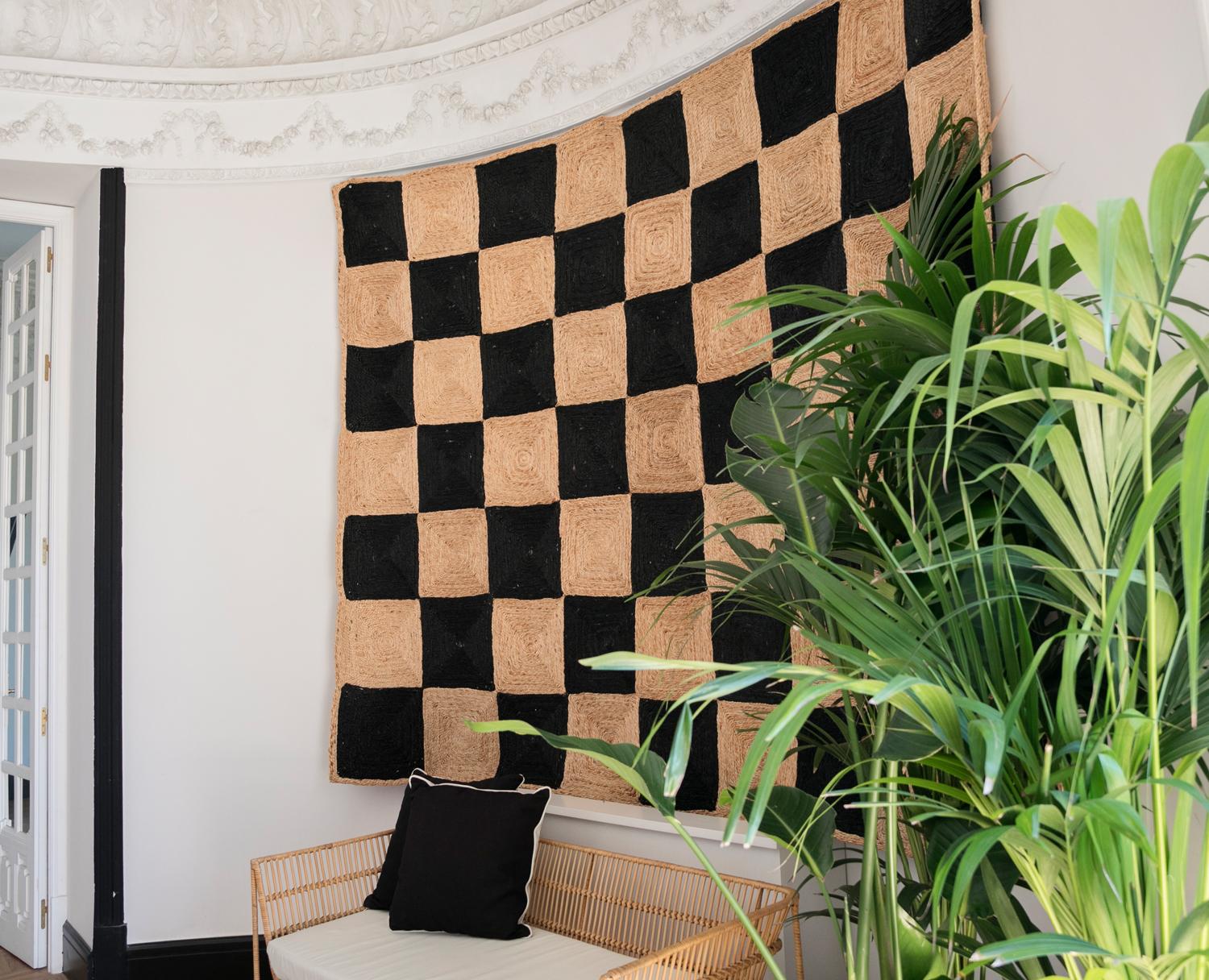 Contemporary Modern Handbraided Jute Rug Black&Natural Checkers For Sale