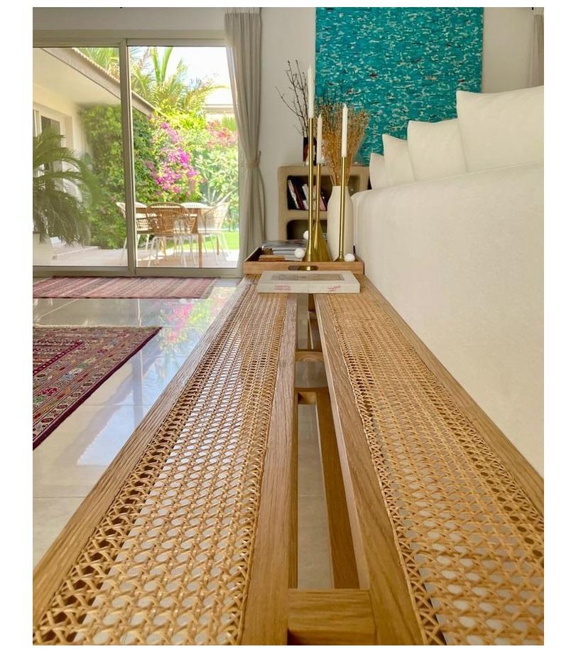 Contemporary Modern Handcrafted Black Tinted Oak Wood With Cane Weaving Hay Bench, Carla Baz For Sale