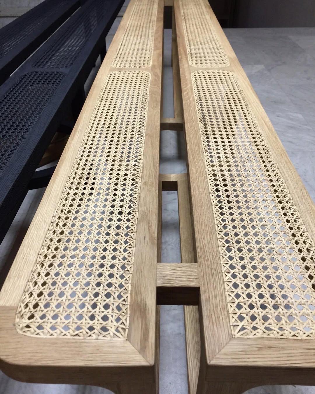 Modern Handcrafted Black Tinted Oak Wood With Cane Weaving Hay Bench, Carla Baz For Sale 1