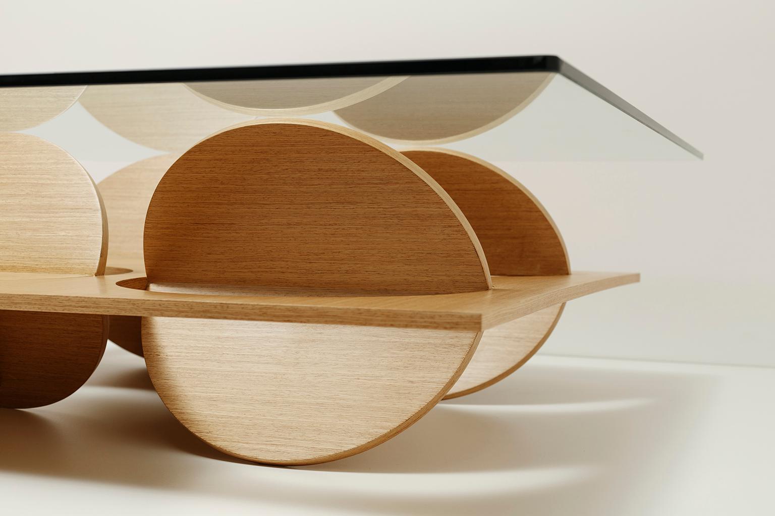 Geometric Coffee Table White Oak Wood Glass on top by Ana Volante in Stock 2