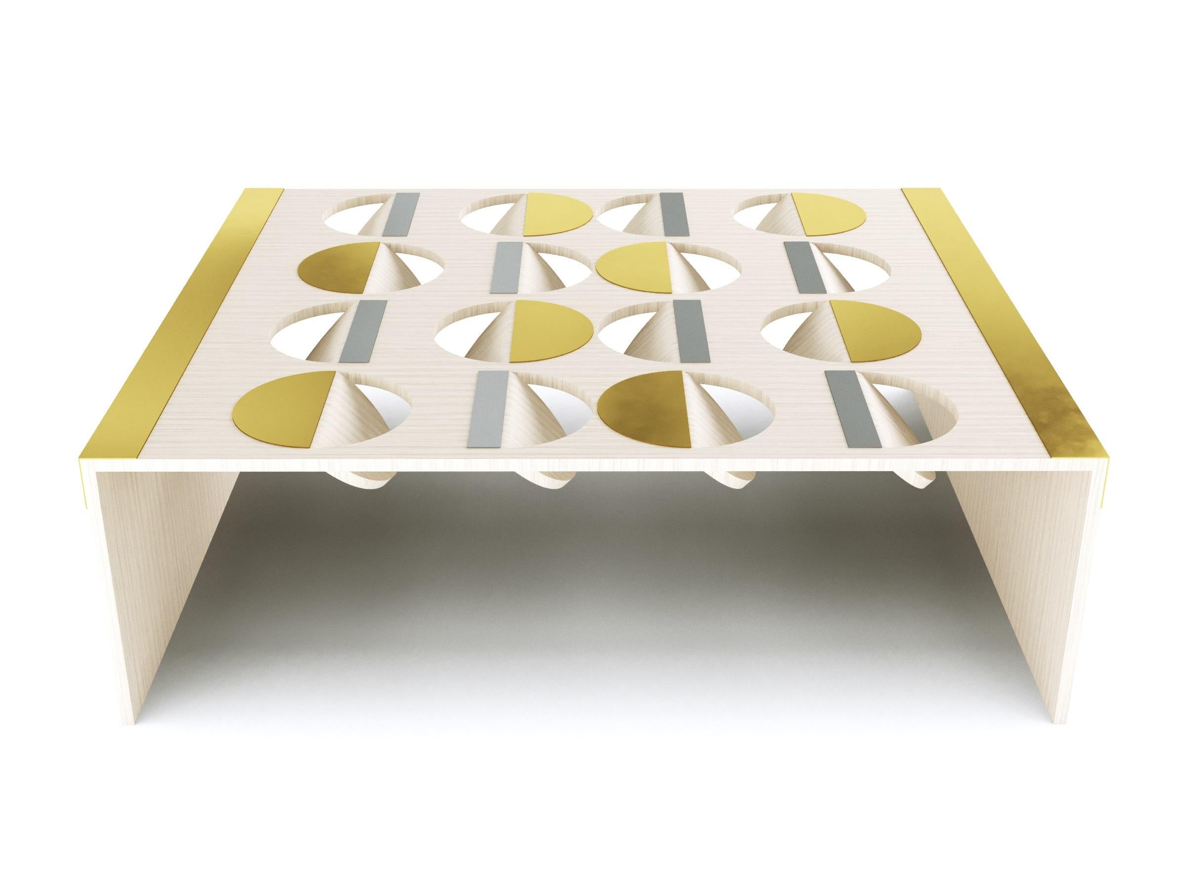 Modern Geometric Coffee Table Oak Wood Brass Metal Stainless Steel by Ana Volante  For Sale