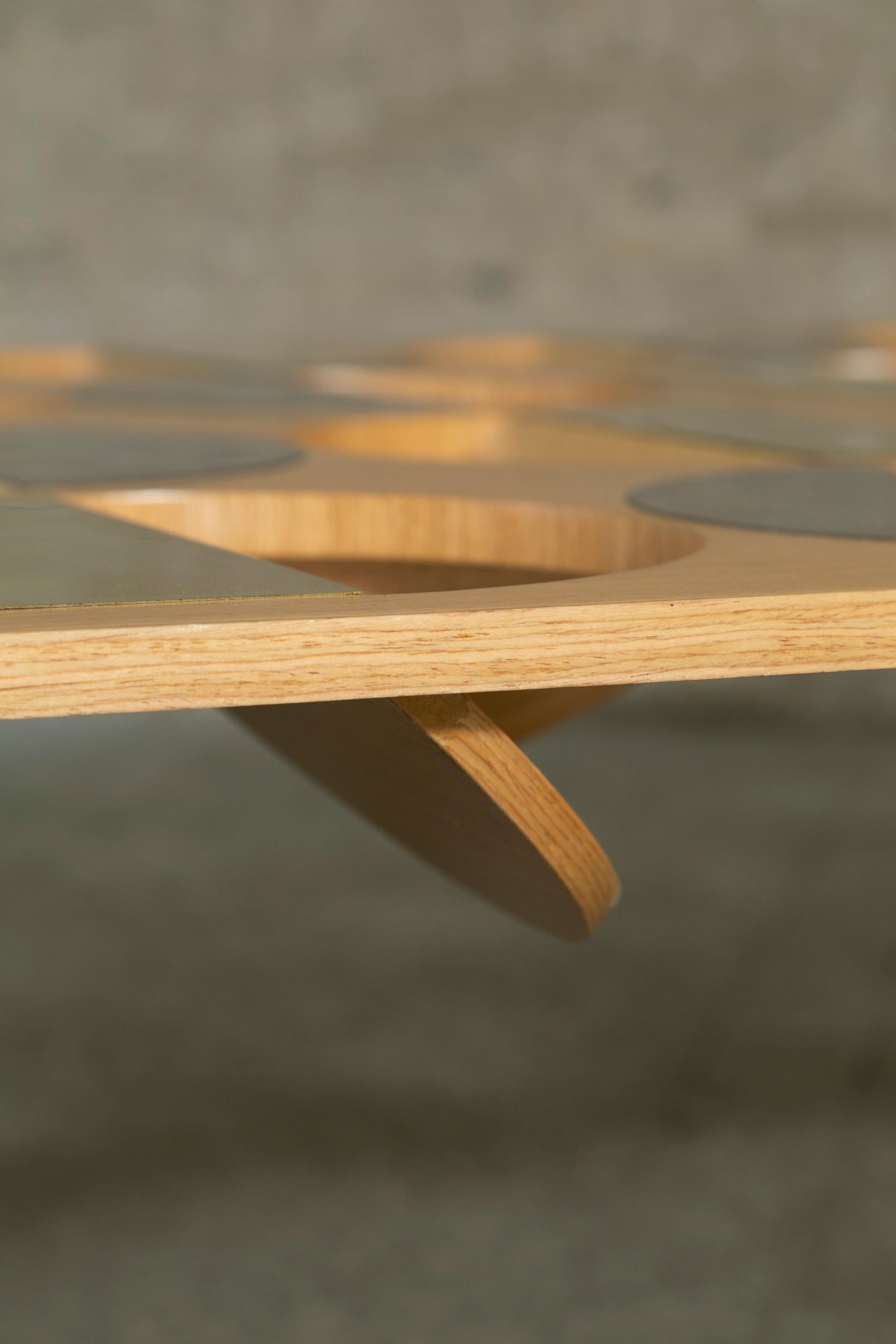 Contemporary Geometric Coffee Table Oak Wood Brass Metal Stainless Steel by Ana Volante  For Sale