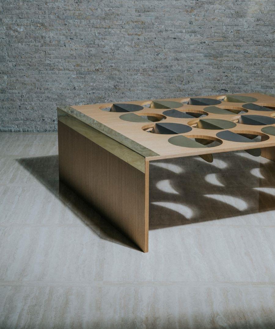 Moonland wood coffee table
Baltic birch plywood with quarter cut white oak veneer
Brass 260 and stainless steel inlays
Tempered glass 3/8”
Designed by Ana Volante
Dimensions
45cm (H) x 120cm (W) x 150cm (D) 
18
